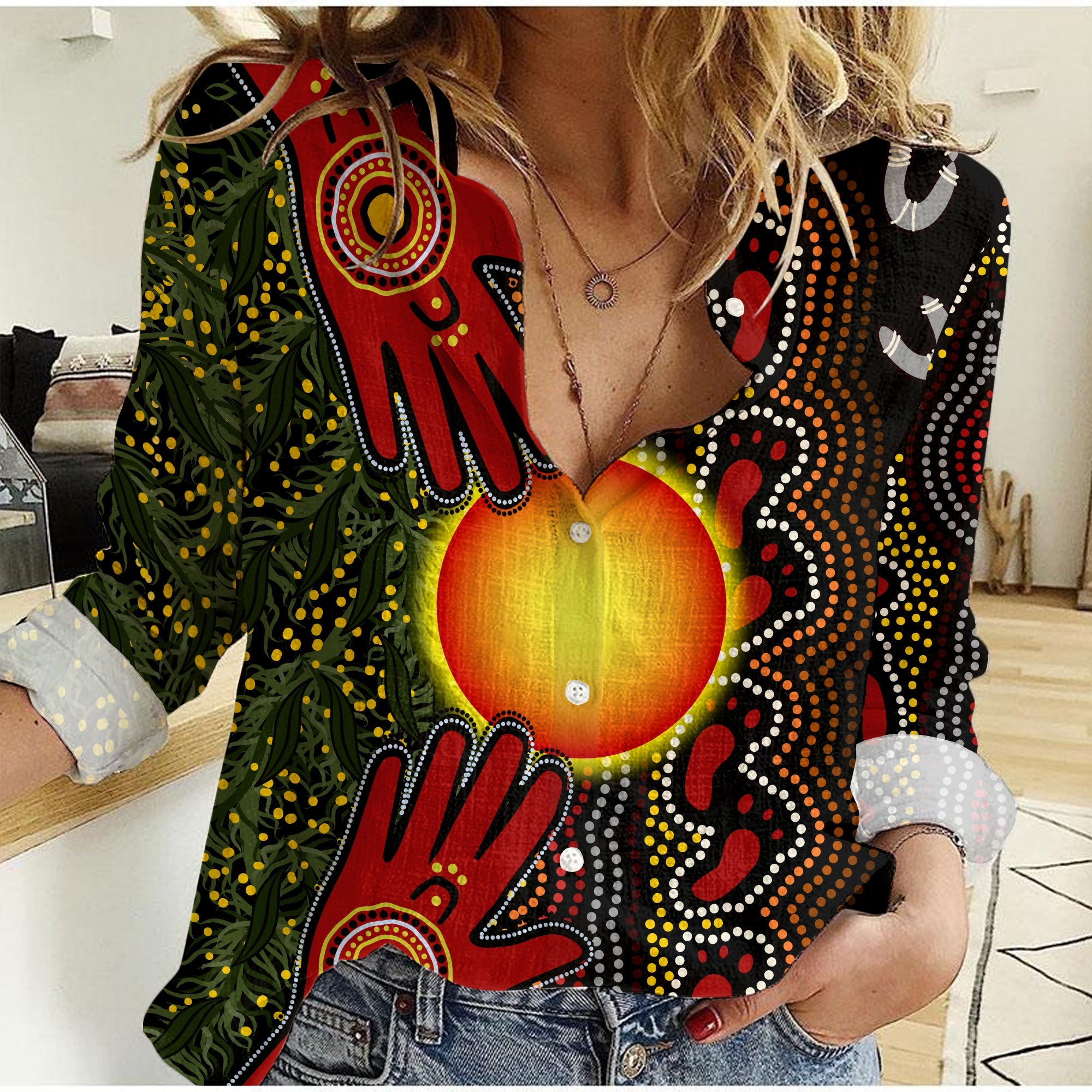 (Custom Text and Number) Aboriginal Dot Painting Women Casual Shirt Go To Touch The Sun - Vibe Hoodie Shop