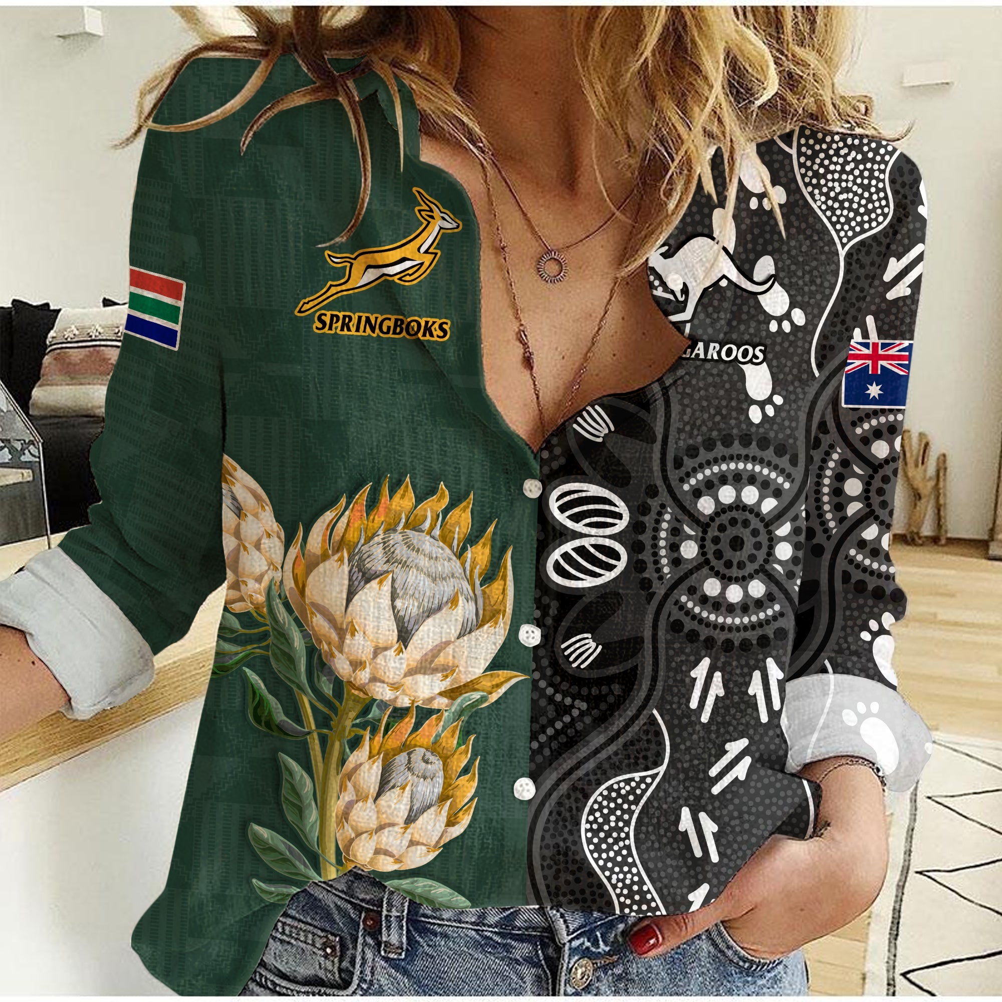 South Africa and Australia Rugby Women Casual Shirt Go Springboks vs Kangaroos - Vibe Hoodie Shop