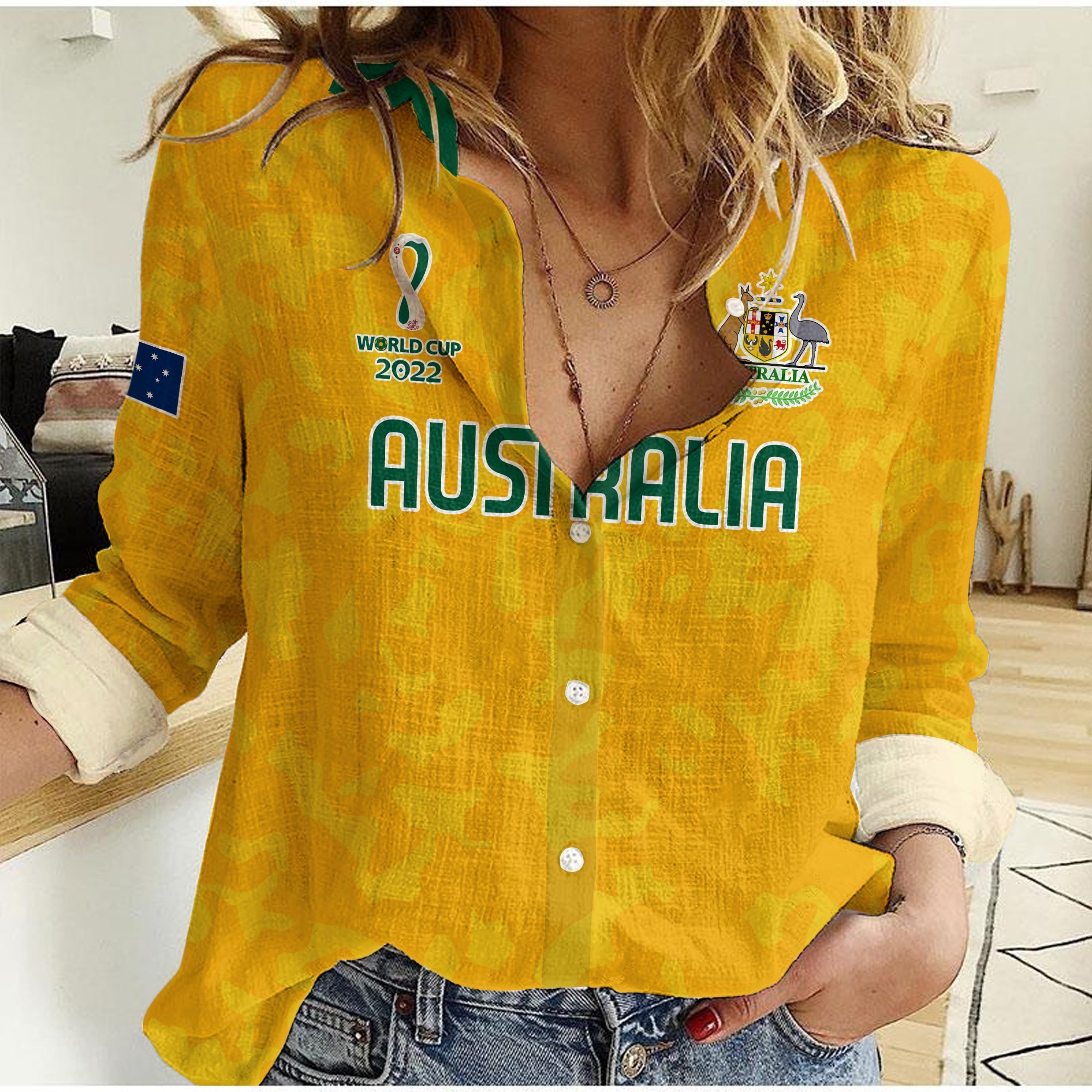 (Custom Text and Number) Australia Soccer Women Casual Shirt World Cup Football 2022 Socceroos with Kangaroos - Vibe Hoodie Shop