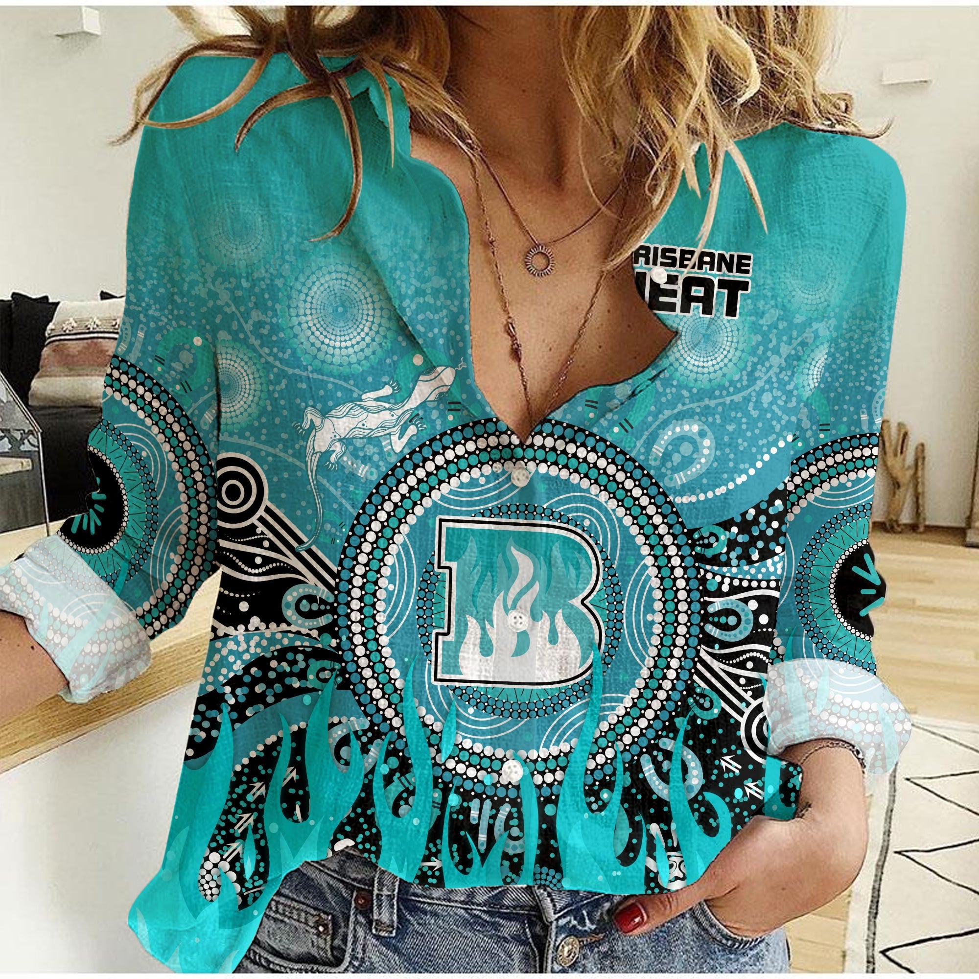 Brisbane Heat Women Casual Shirt Aboriginal Dot Fire Australia Cricket - Vibe Hoodie Shop