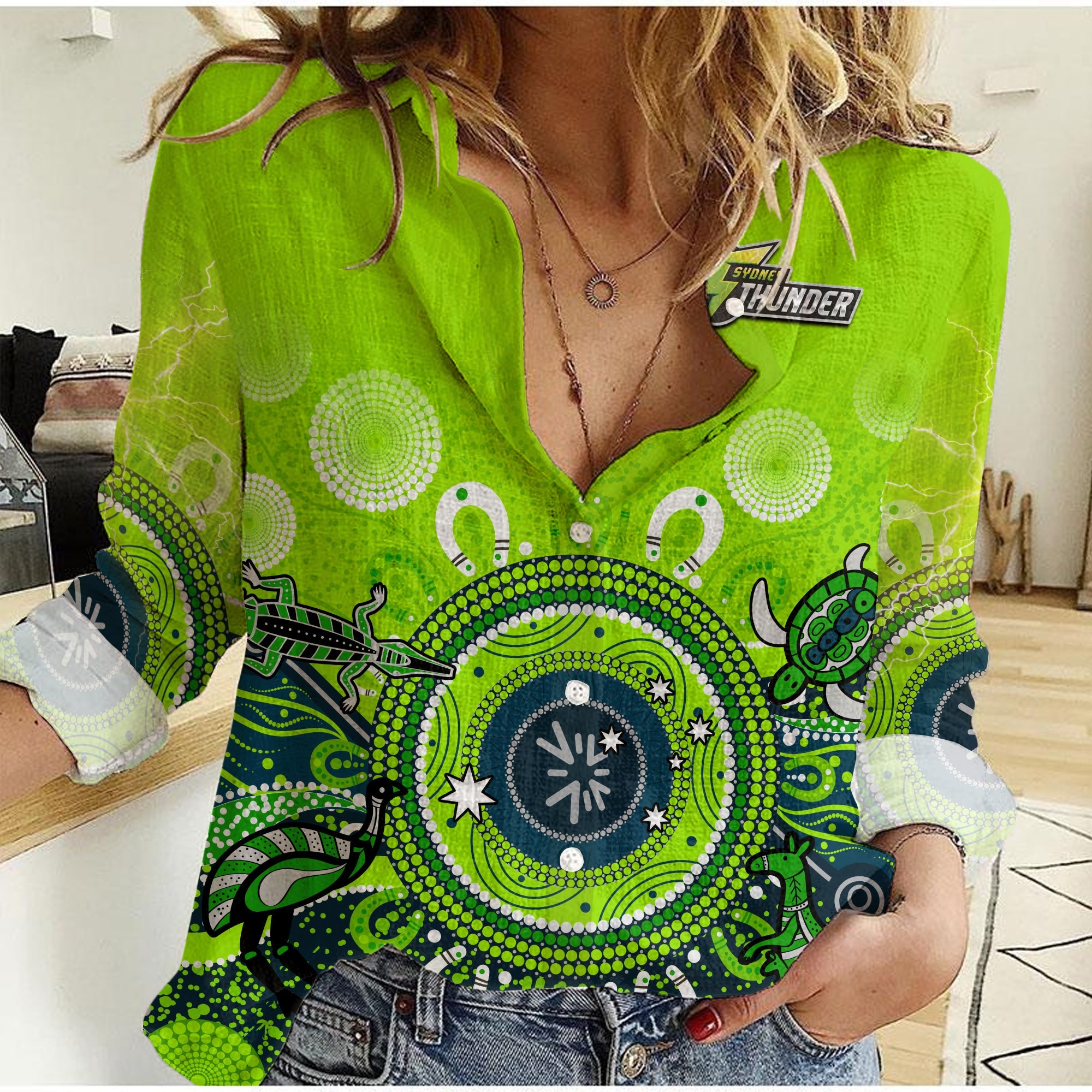 (Custom Text and Number) Sydney Thunder Women Casual Shirt Cricket Aboriginal - Vibe Hoodie Shop
