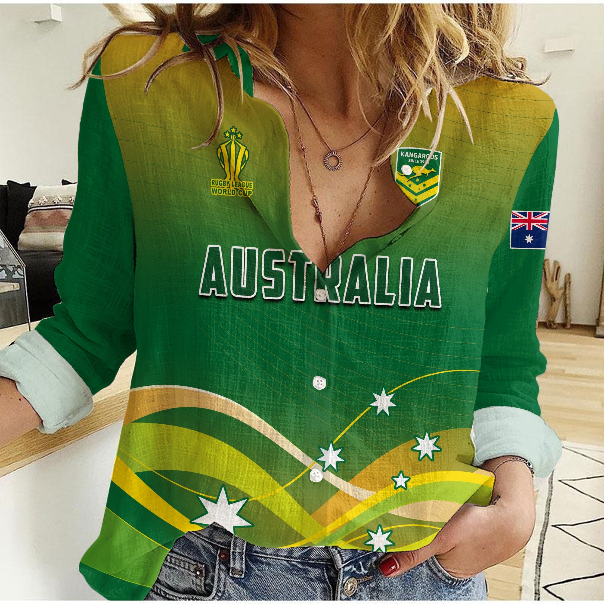 (Custom Text and Number) Australia Rugby Women Casual Shirt Champions RLWC Kangaroos World Cup Rugby - Vibe Hoodie Shop