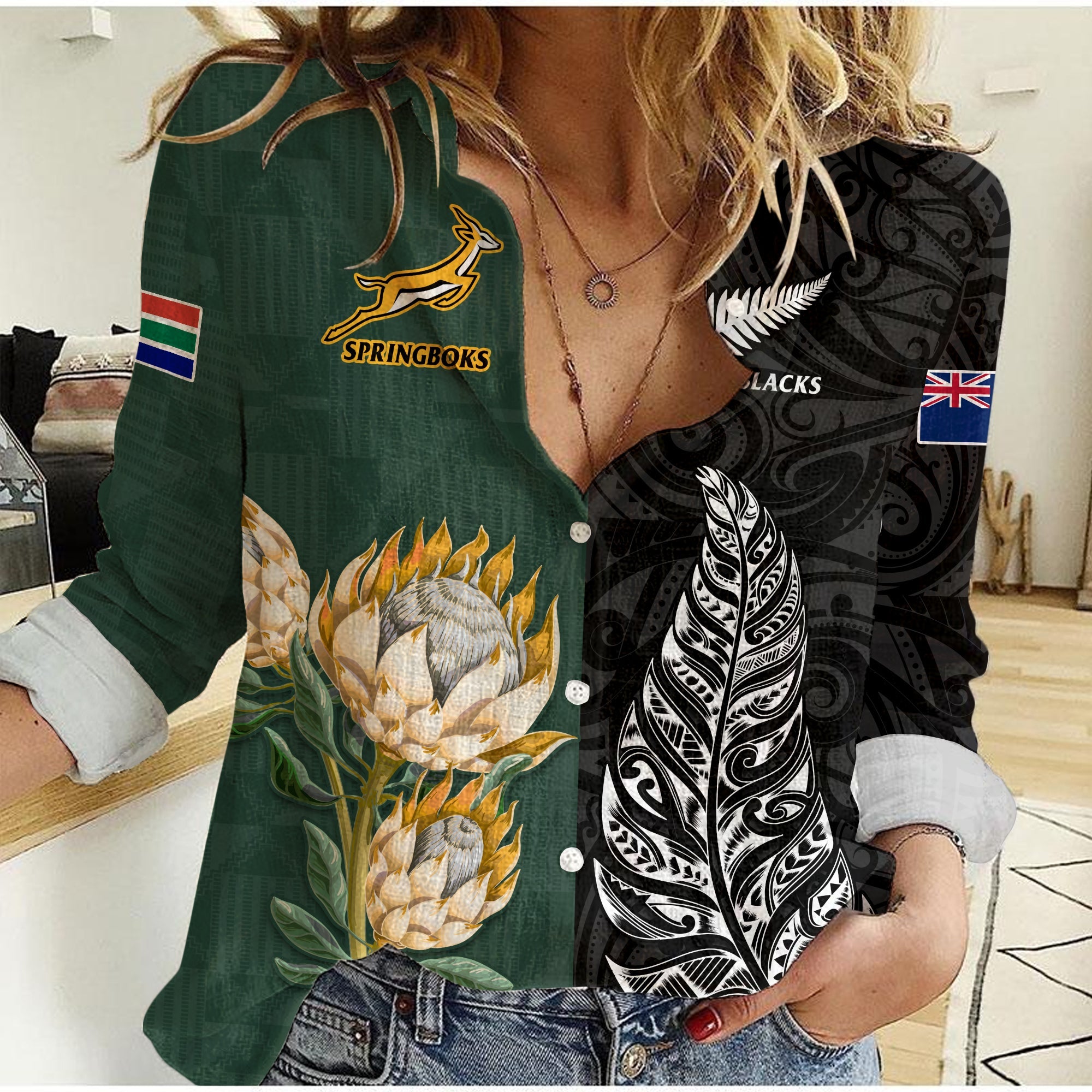 (Custom Personalised) South Africa Protea and New Zealand Fern Women Casual Shirt Rugby Go Springboks vs All Black - Vibe Hoodie Shop