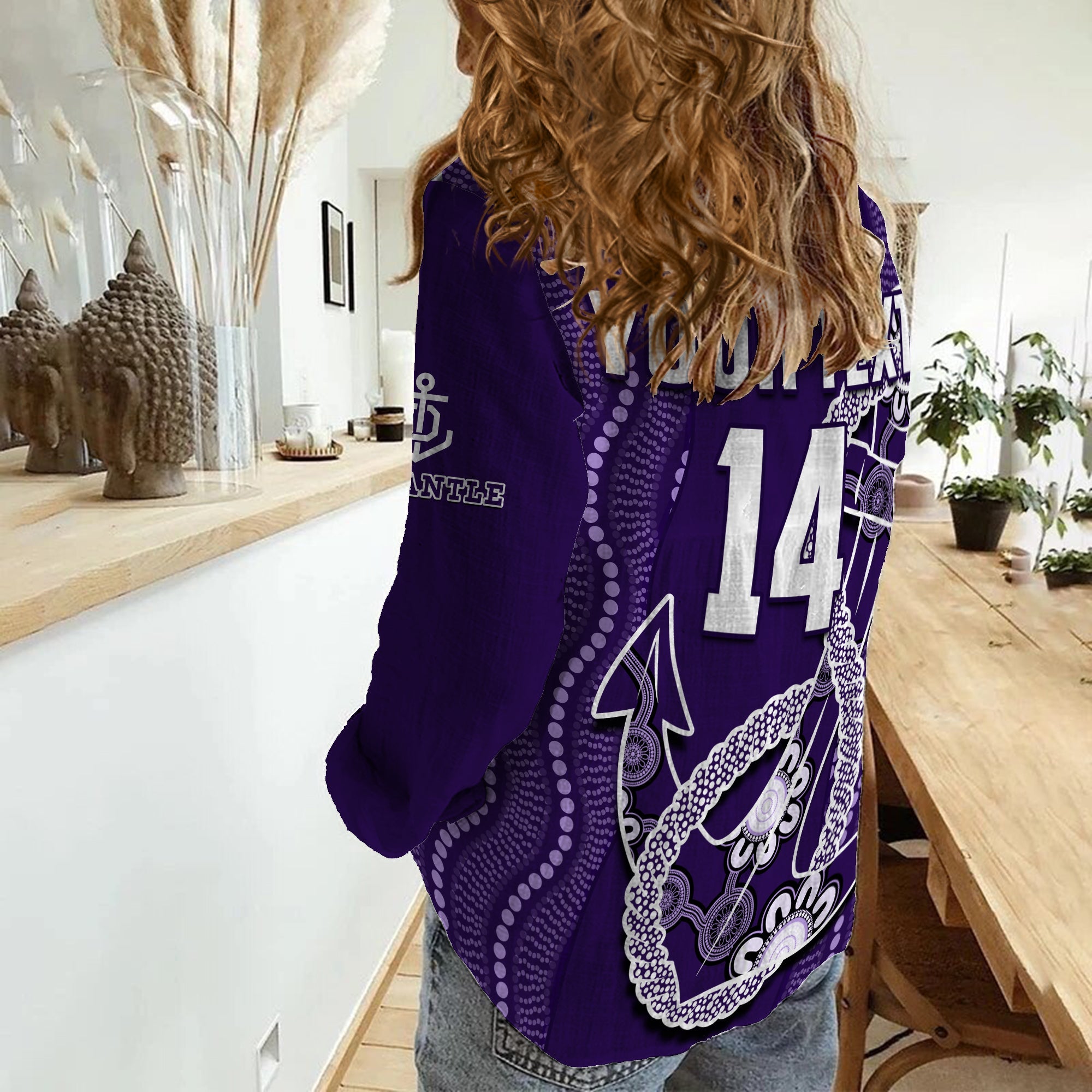 (Custom Text And Number) Dockers Football Women Casual Shirt Fremantle Anchor Mix Aboriginal Pattern Dynamic Style - Vibe Hoodie Shop