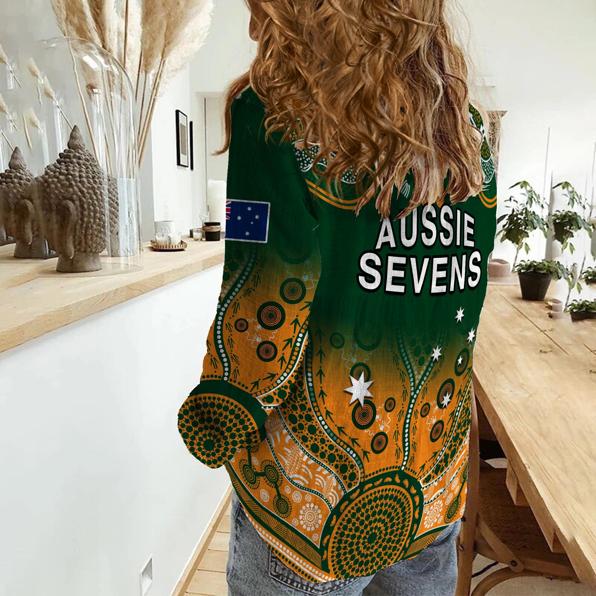 Australia Rugby Women Casual Shirt Aussie Sevens Green Indigenous - Vibe Hoodie Shop