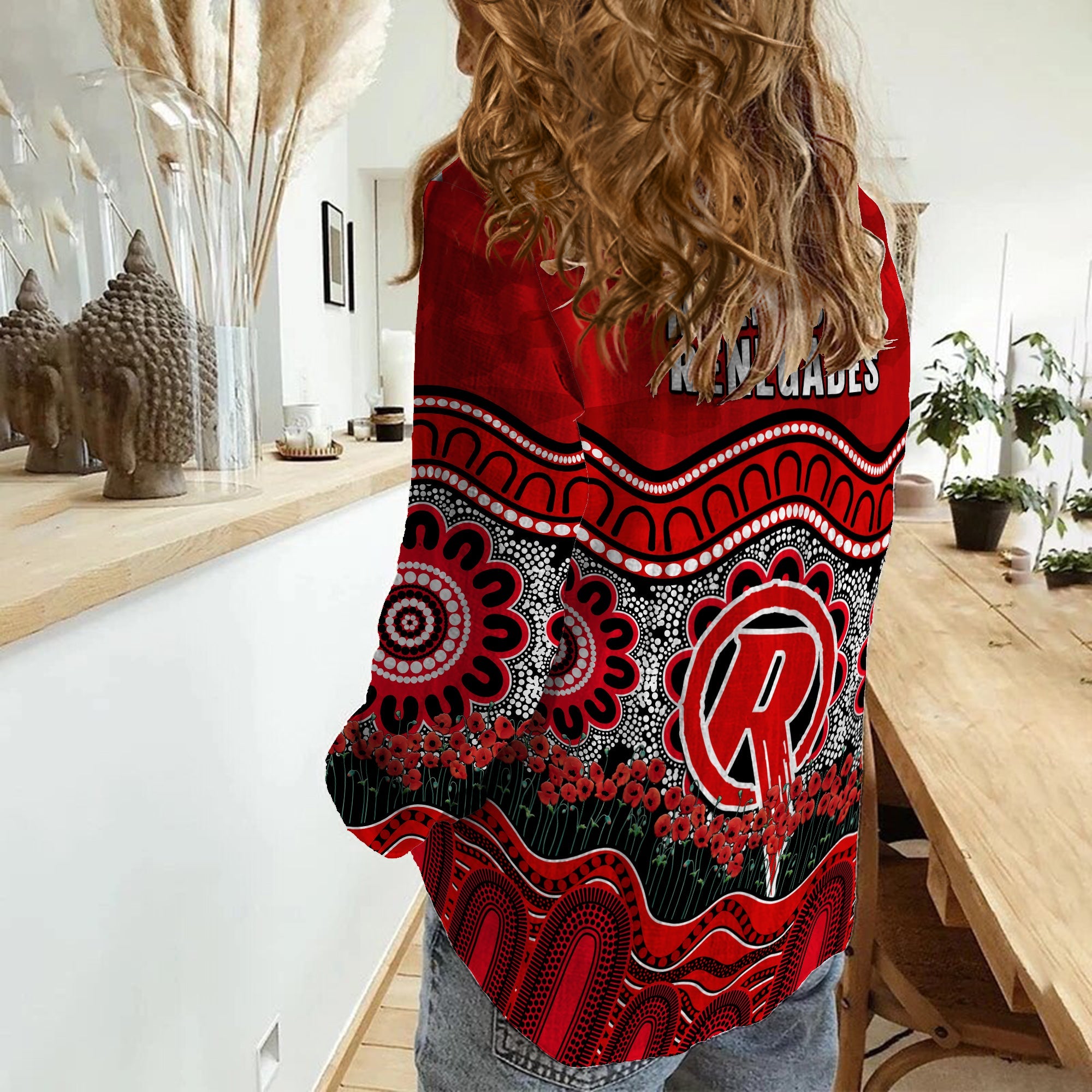 Renegades Cricket ANZAC Women Casual Shirt Melbourne Poppy Aboriginal Camouflage - Vibe Hoodie Shop