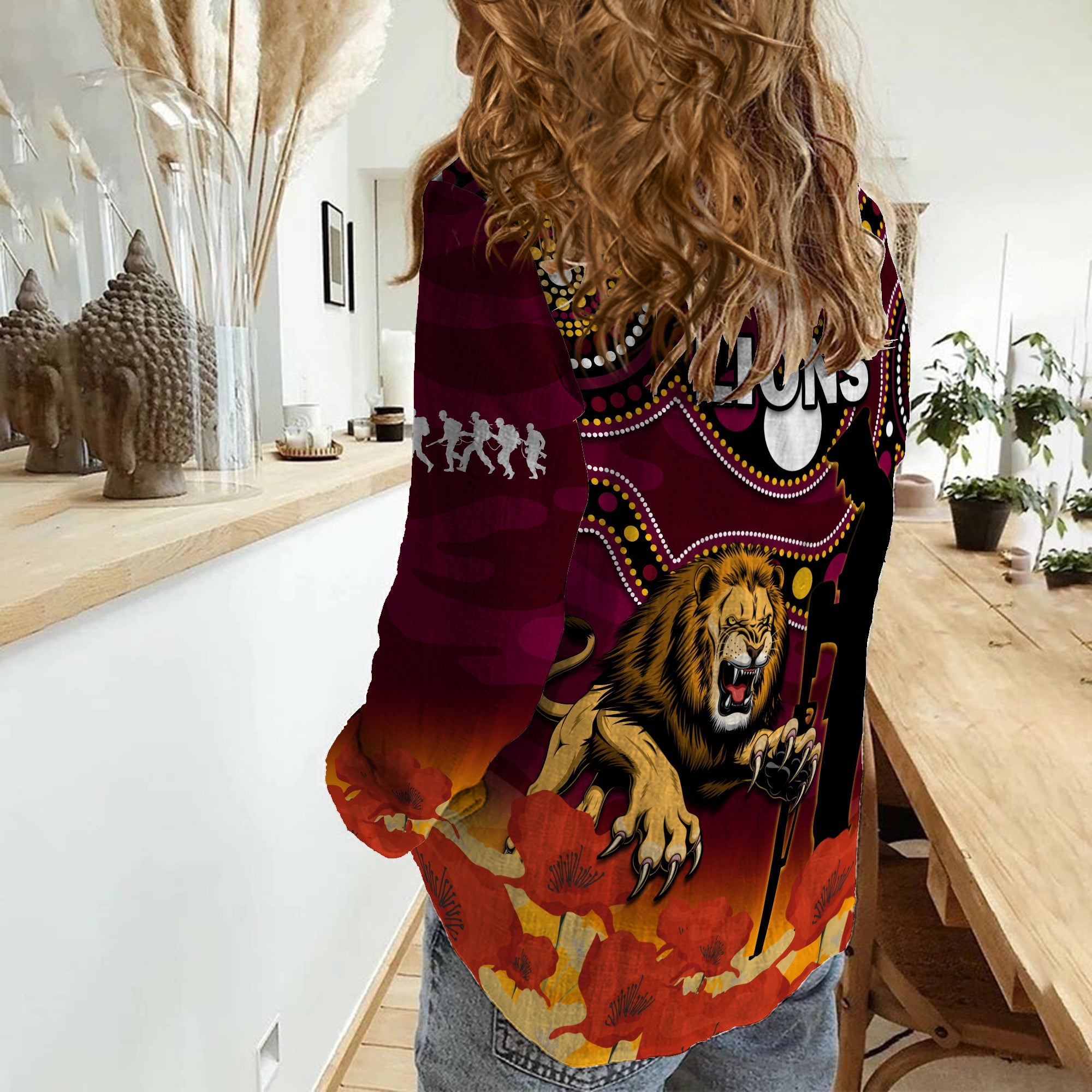 Brisbane Lions Football ANZAC 2023 Women Casual Shirt Aboriginal Mix Poppy Camouflage - Vibe Hoodie Shop