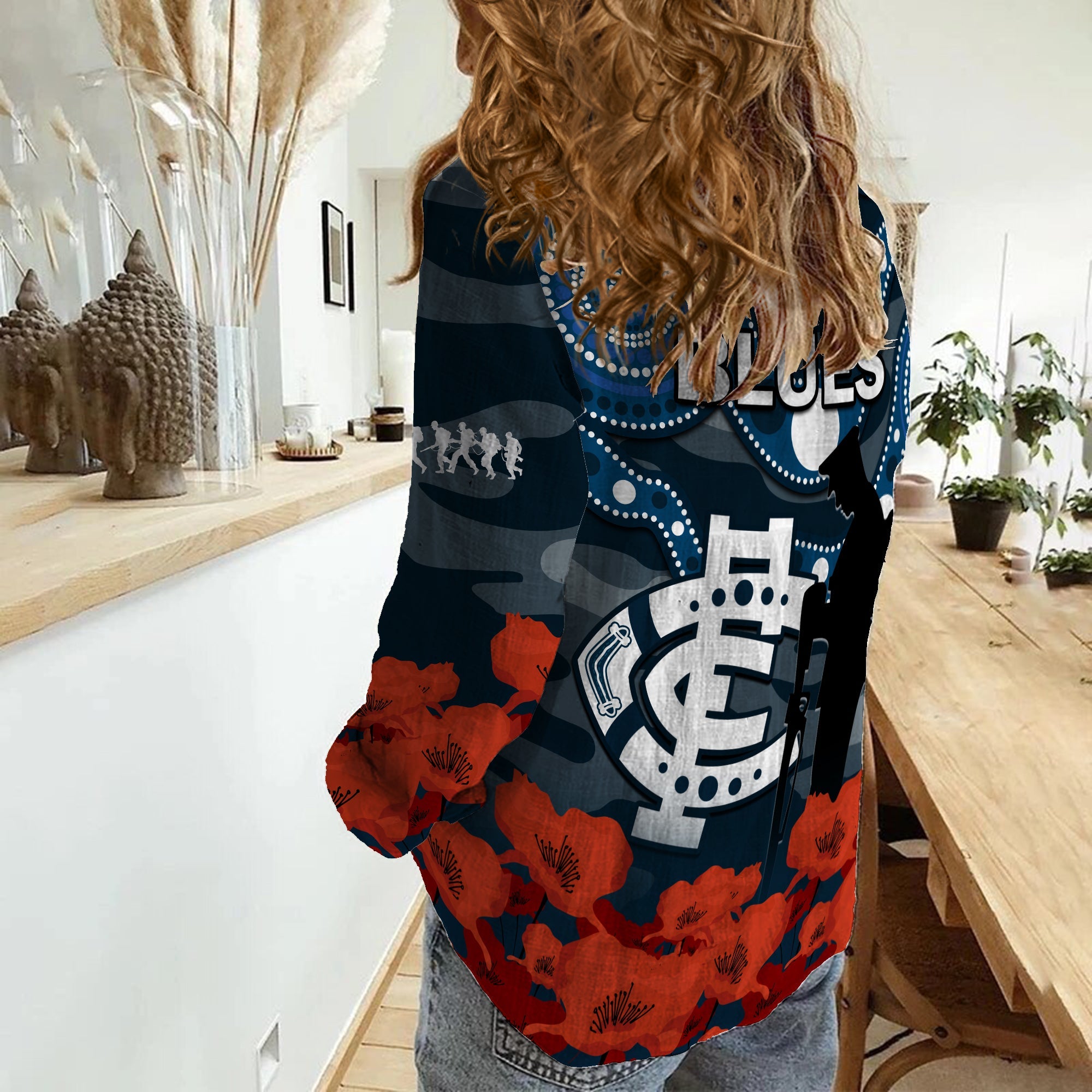 Carlton Football ANZAC 2023 Women Casual Shirt Blues Aboriginal Mix Poppy Camouflage - Vibe Hoodie Shop