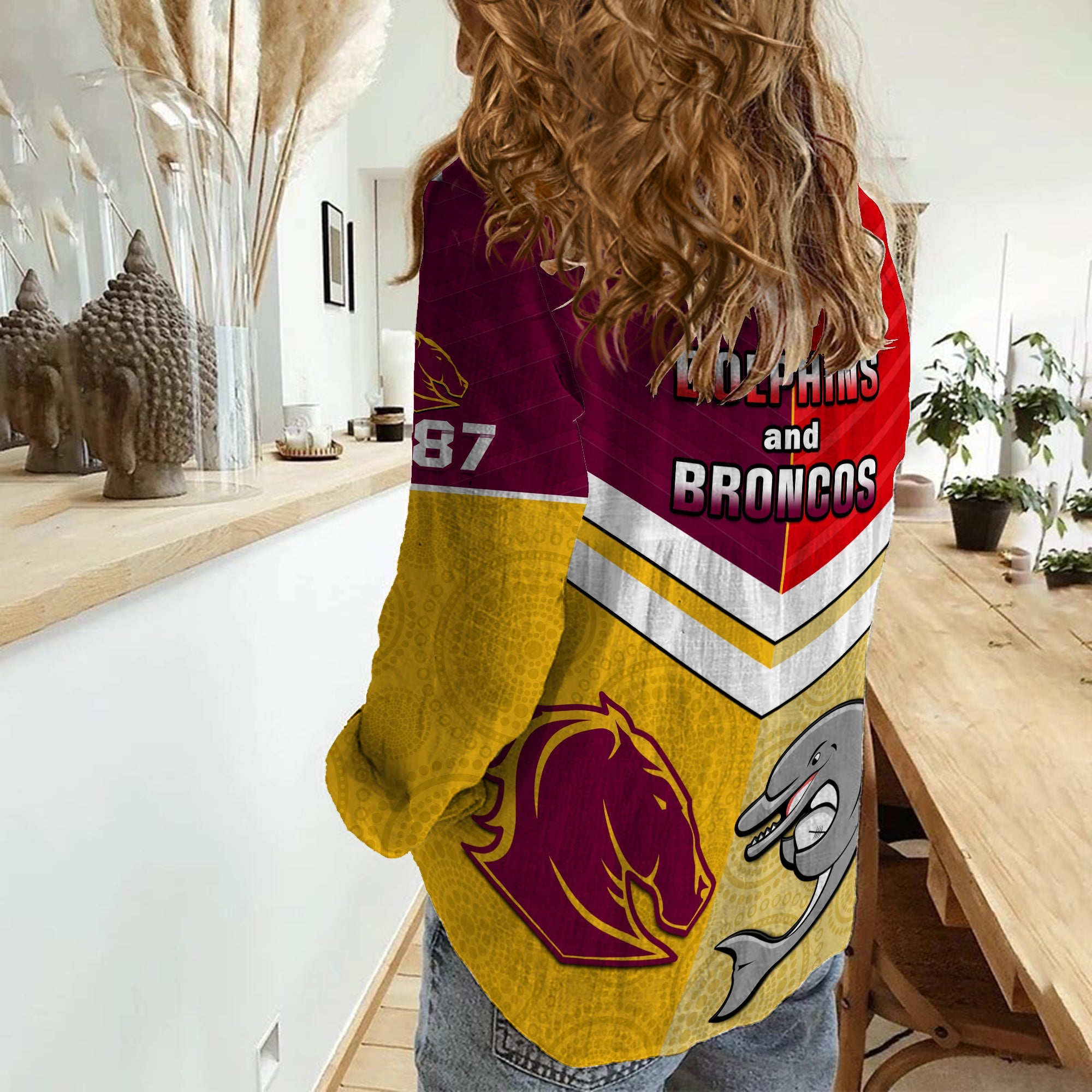 Dolphins Mix Broncos Rugby Women Casual Shirt Indigenous Art - Vibe Hoodie Shop