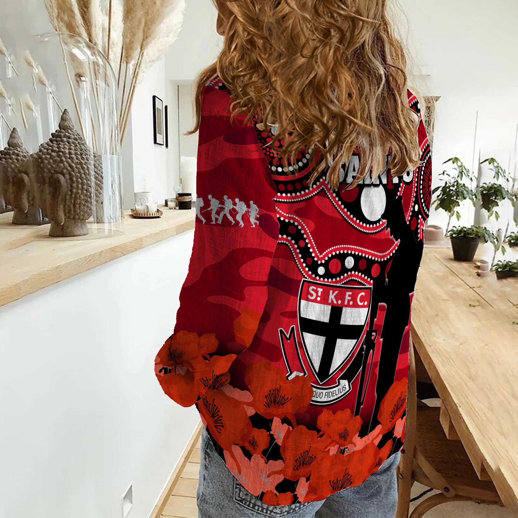 St Kilda Football ANZAC 2023 Women Casual Shirt Saints Aboriginal Mix Poppy Camouflage - Vibe Hoodie Shop