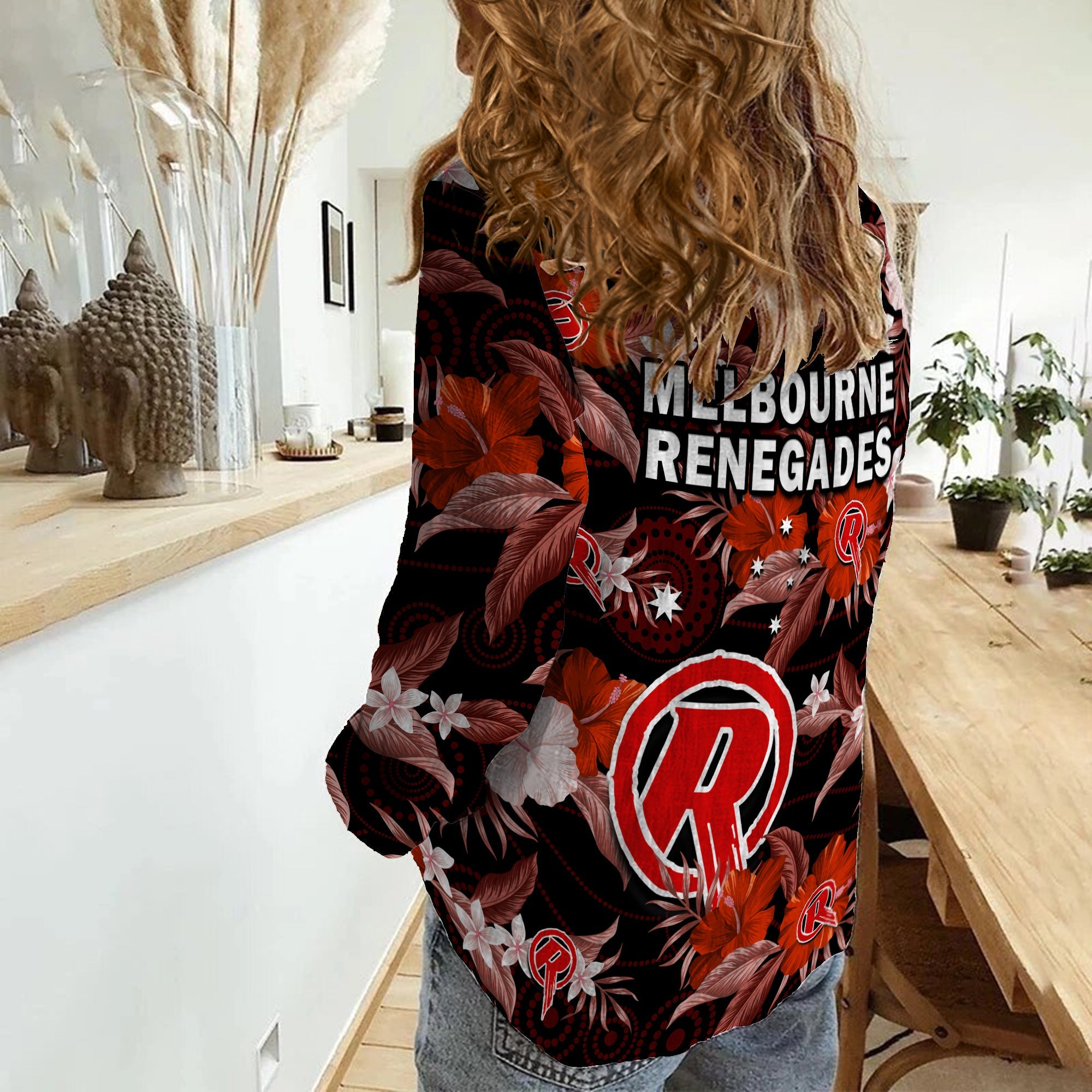 Melbourne Renegades Cricket Women Casual Shirt Aboriginal Art Mix Tropical Flowers - Vibe Hoodie Shop