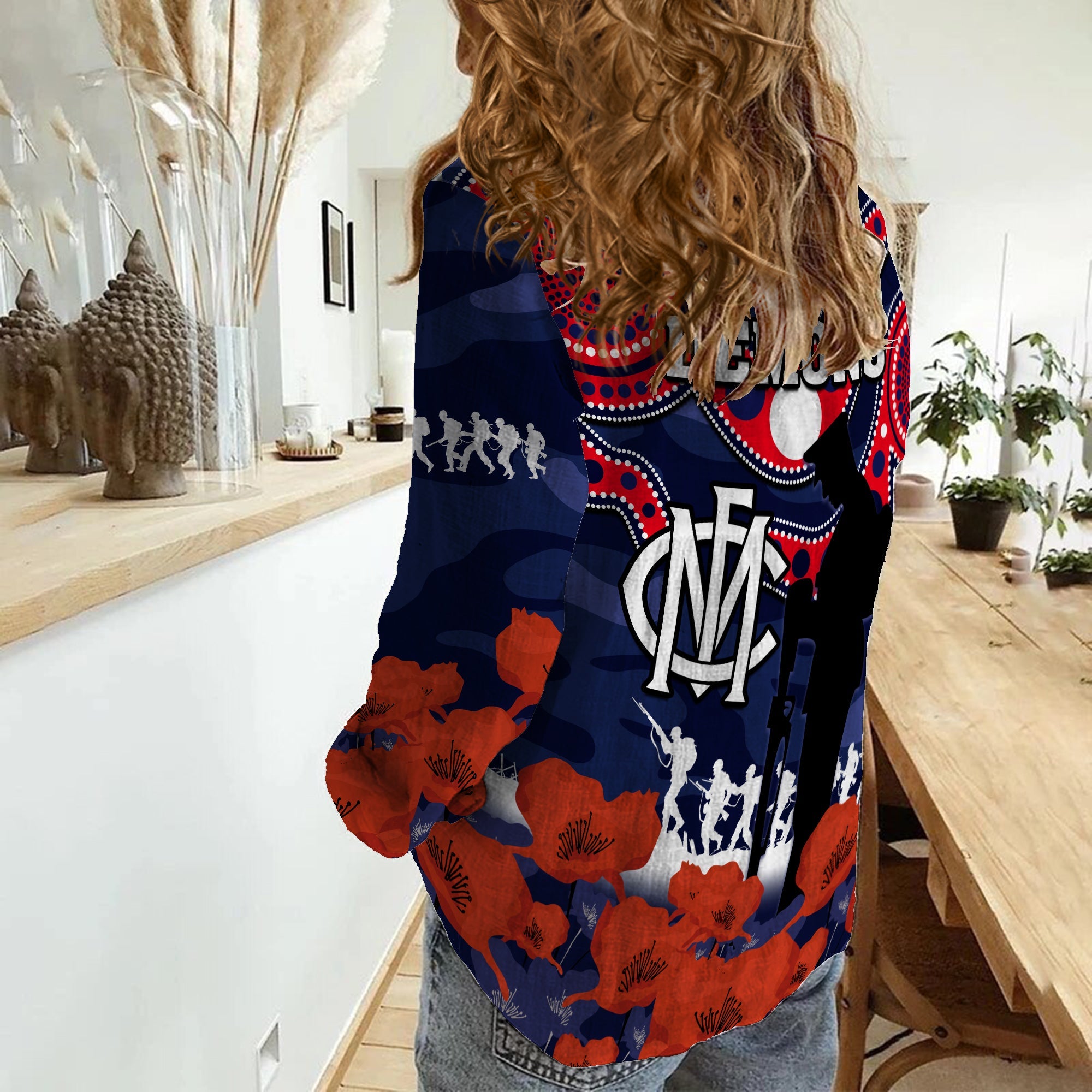 Melbourne Football ANZAC 2023 Women Casual Shirt Demons Aboriginal Mix Poppy Camouflage - Vibe Hoodie Shop