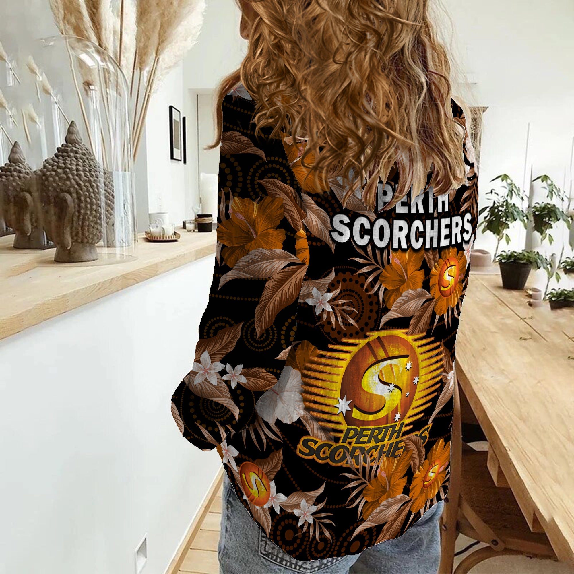 Perth Scorchers Cricket Women Casual Shirt Aboriginal Art Mix Tropical Flowers - Vibe Hoodie Shop