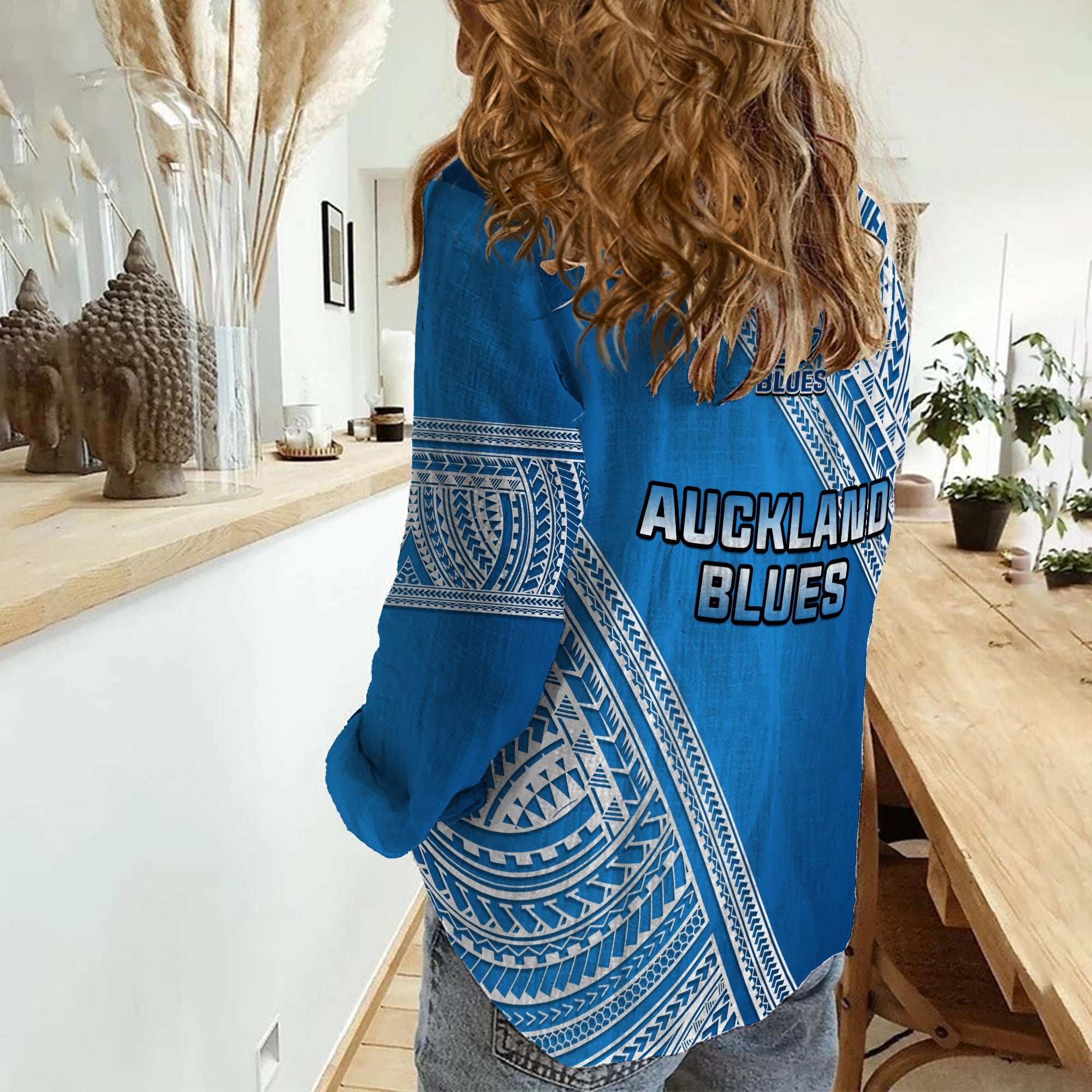 Blues Rugby Women Casual Shirt Aotearoa Super Auckland Polynesian Pattern - Vibe Hoodie Shop