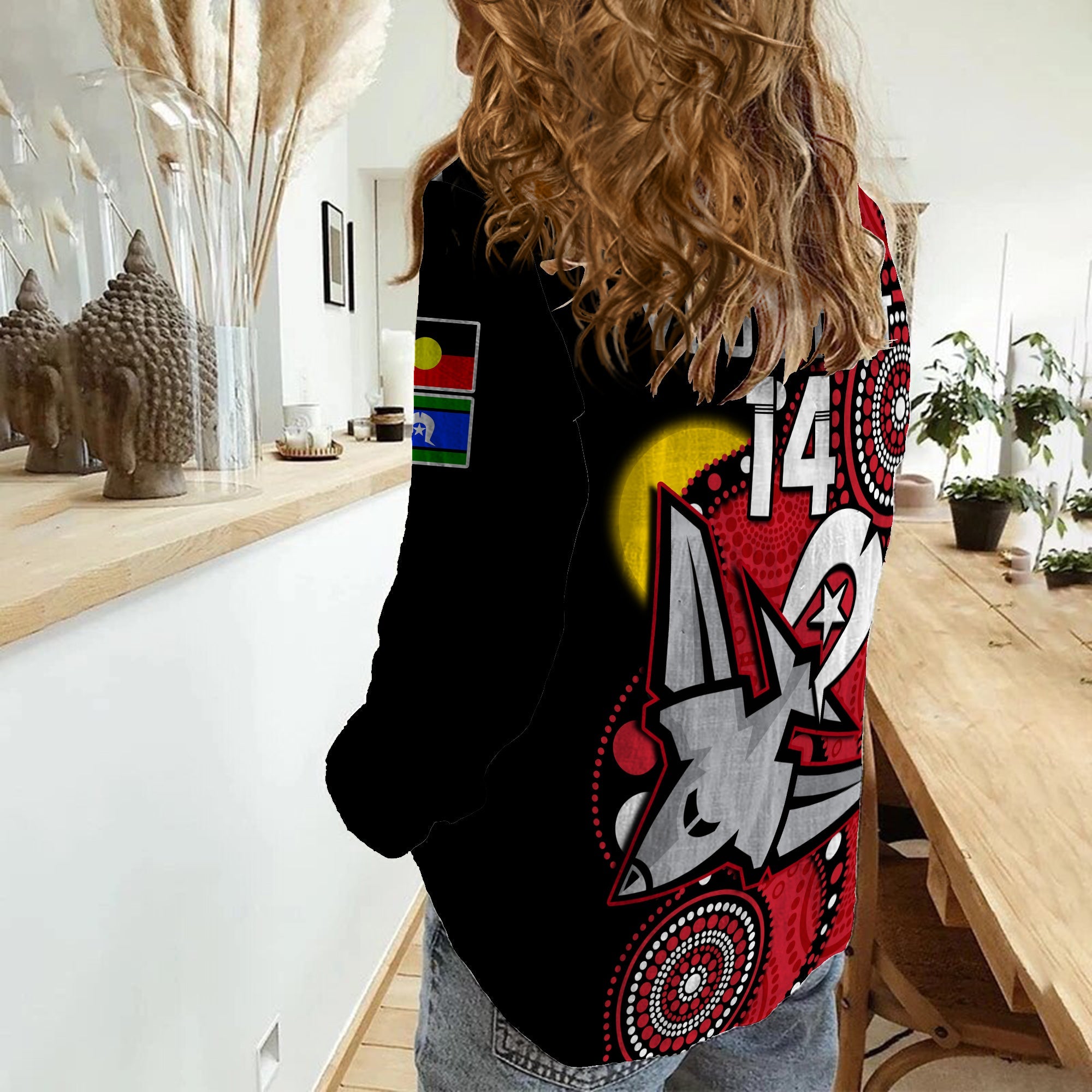 (Custom Text And Number) Essendon Football NAIDOC 2023 Women Casual Shirt Bombers For Our Elders Indigenous Art - Vibe Hoodie Shop