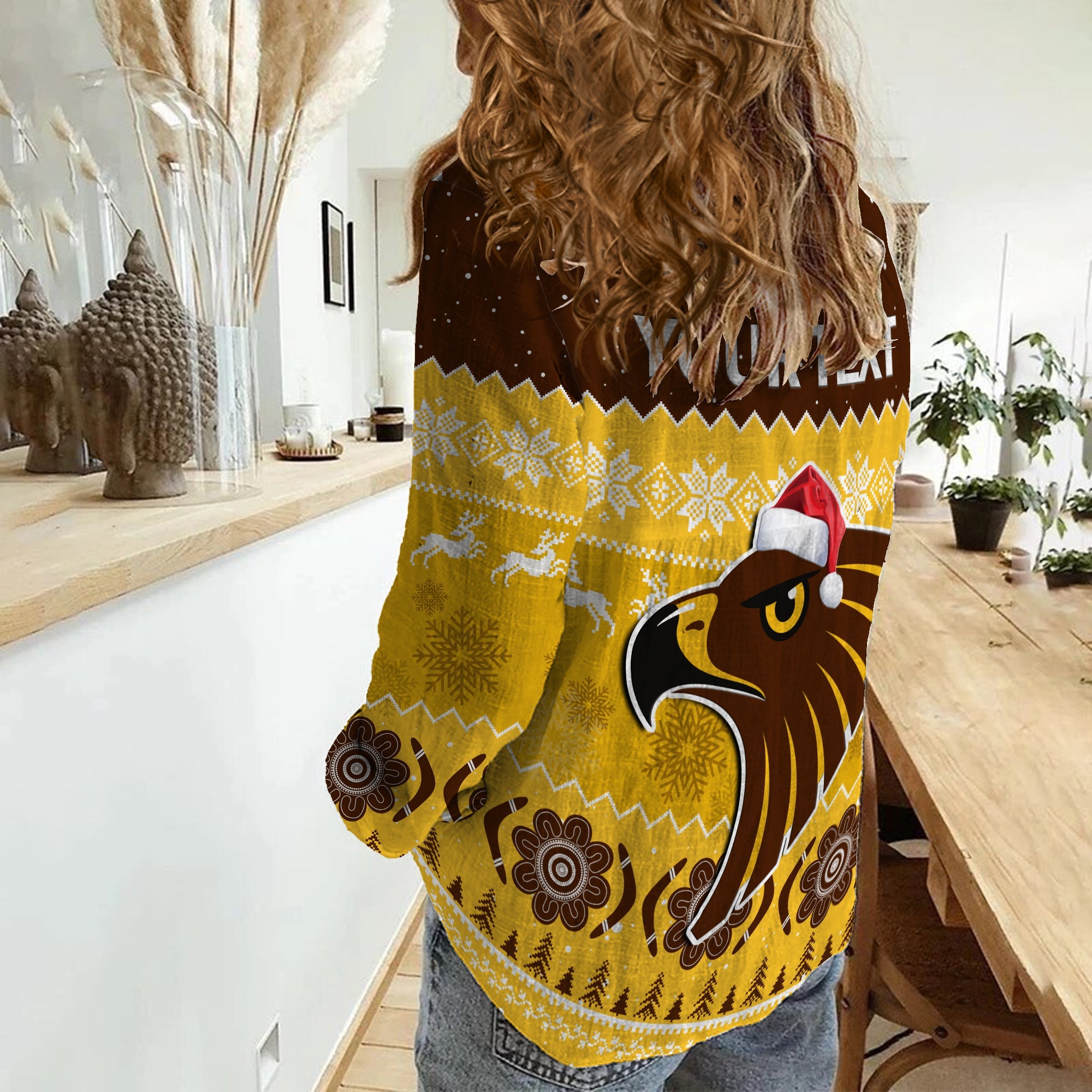 (Custom Personalised) Hawthorn Football Women Casual Shirt Hawks Indigenous Merry Christmas - Vibe Hoodie Shop