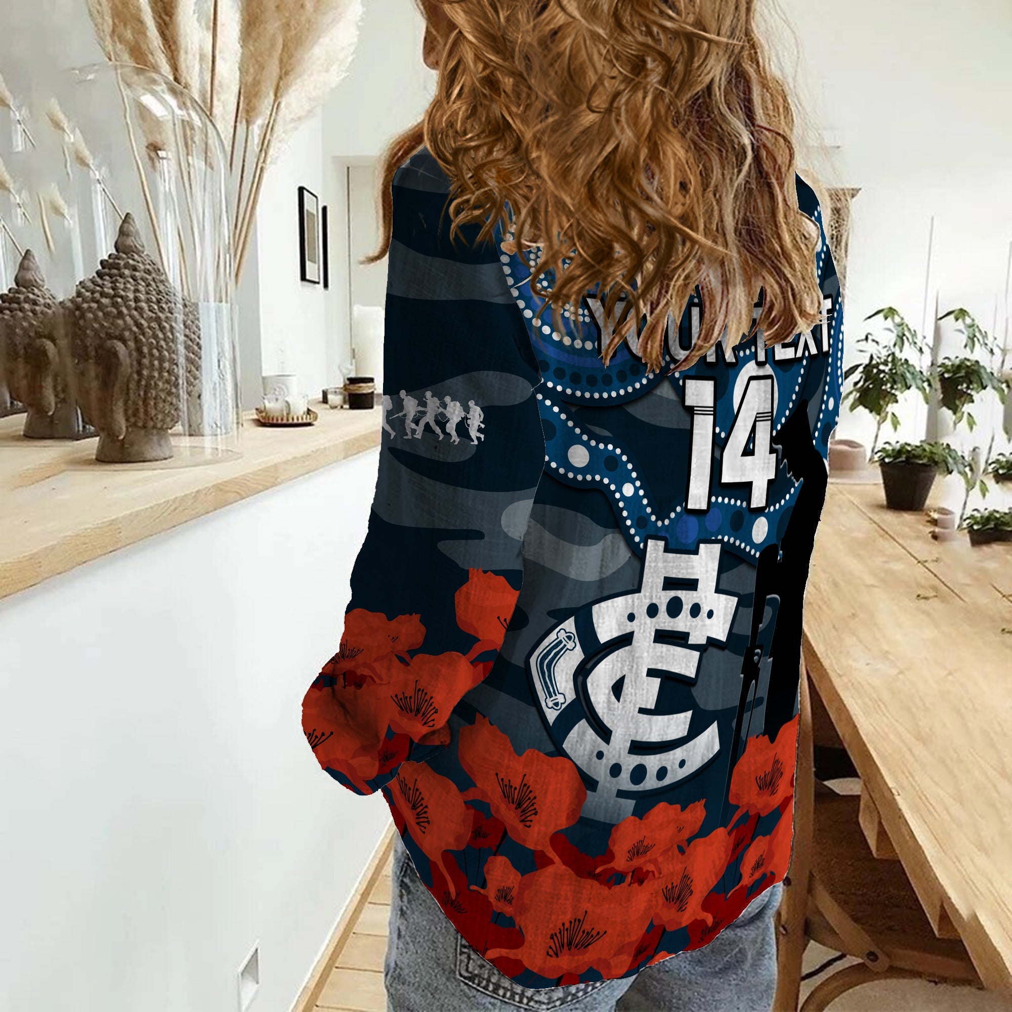(Custom Text And Number) Carlton Football ANZAC 2023 Women Casual Shirt Blues Aboriginal Mix Poppy Camouflage - Vibe Hoodie Shop