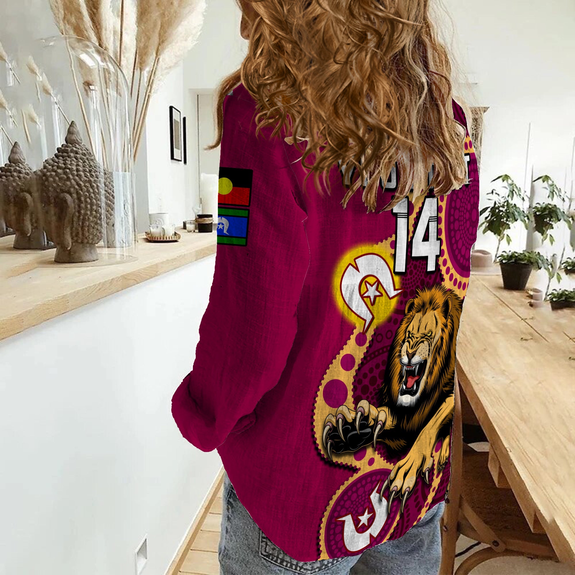 (Custom Text And Number) Brisbane Lions Football NAIDOC 2023 Women Casual Shirt For Our Elders Indigenous Art - Vibe Hoodie Shop