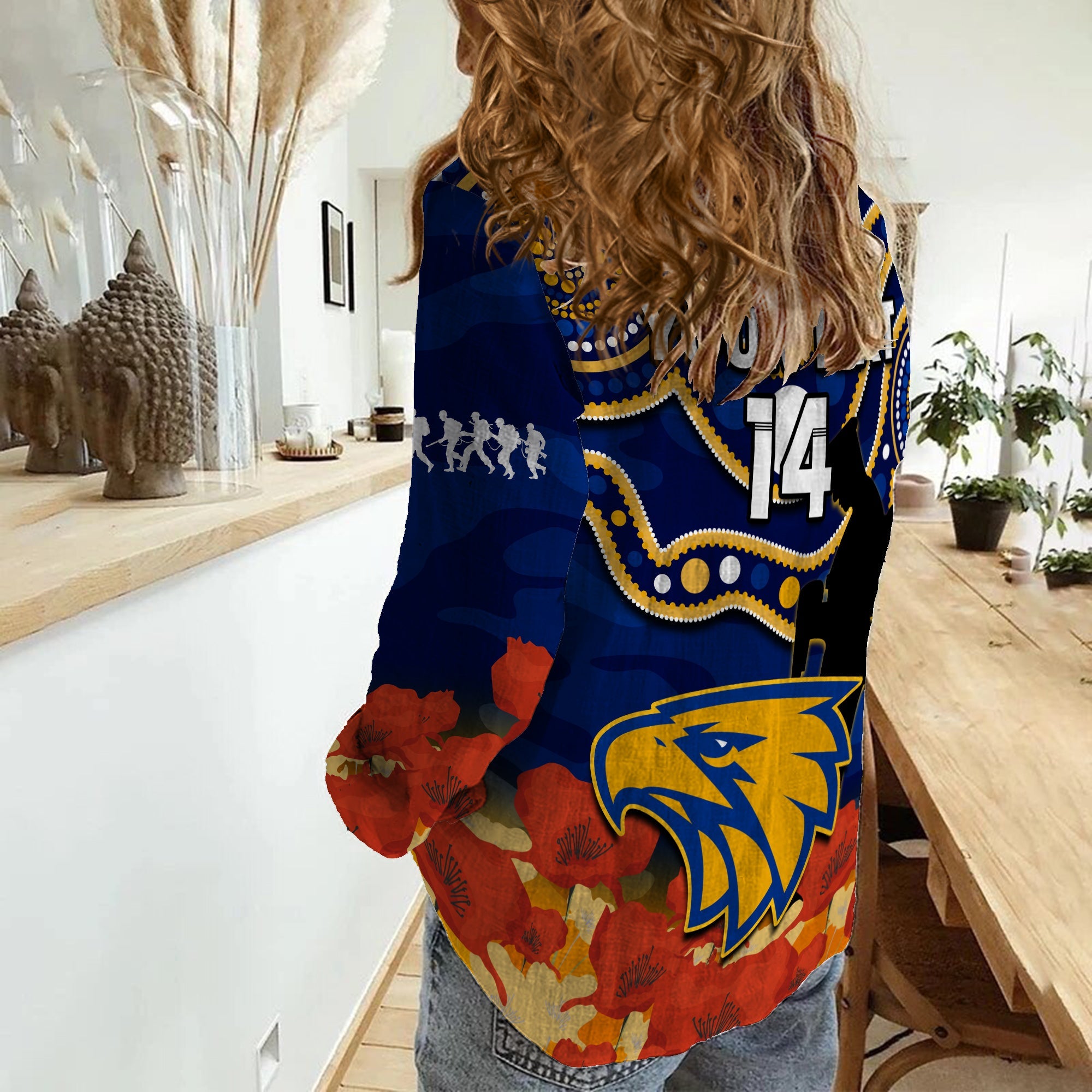 (Custom Text And Number) Eagles Football ANZAC 2023 Women Casual Shirt West Coast Indigenous Mix Poppy Camouflage - Vibe Hoodie Shop