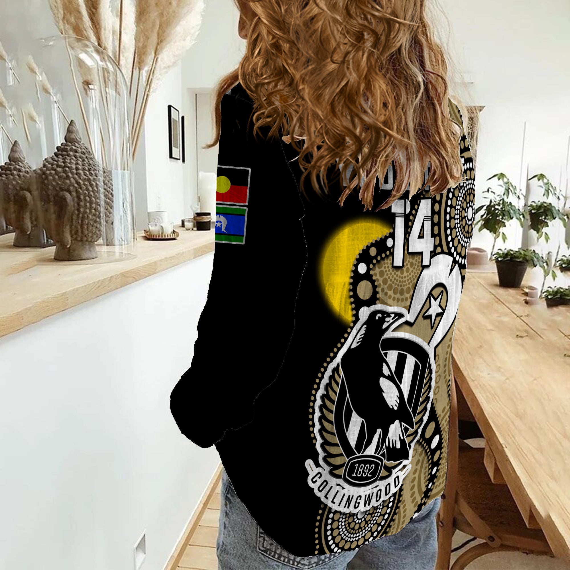 (Custom Text And Number) Collingwood Football NAIDOC 2023 Women Casual Shirt Magpies For Our Elders Indigenous Art - Vibe Hoodie Shop