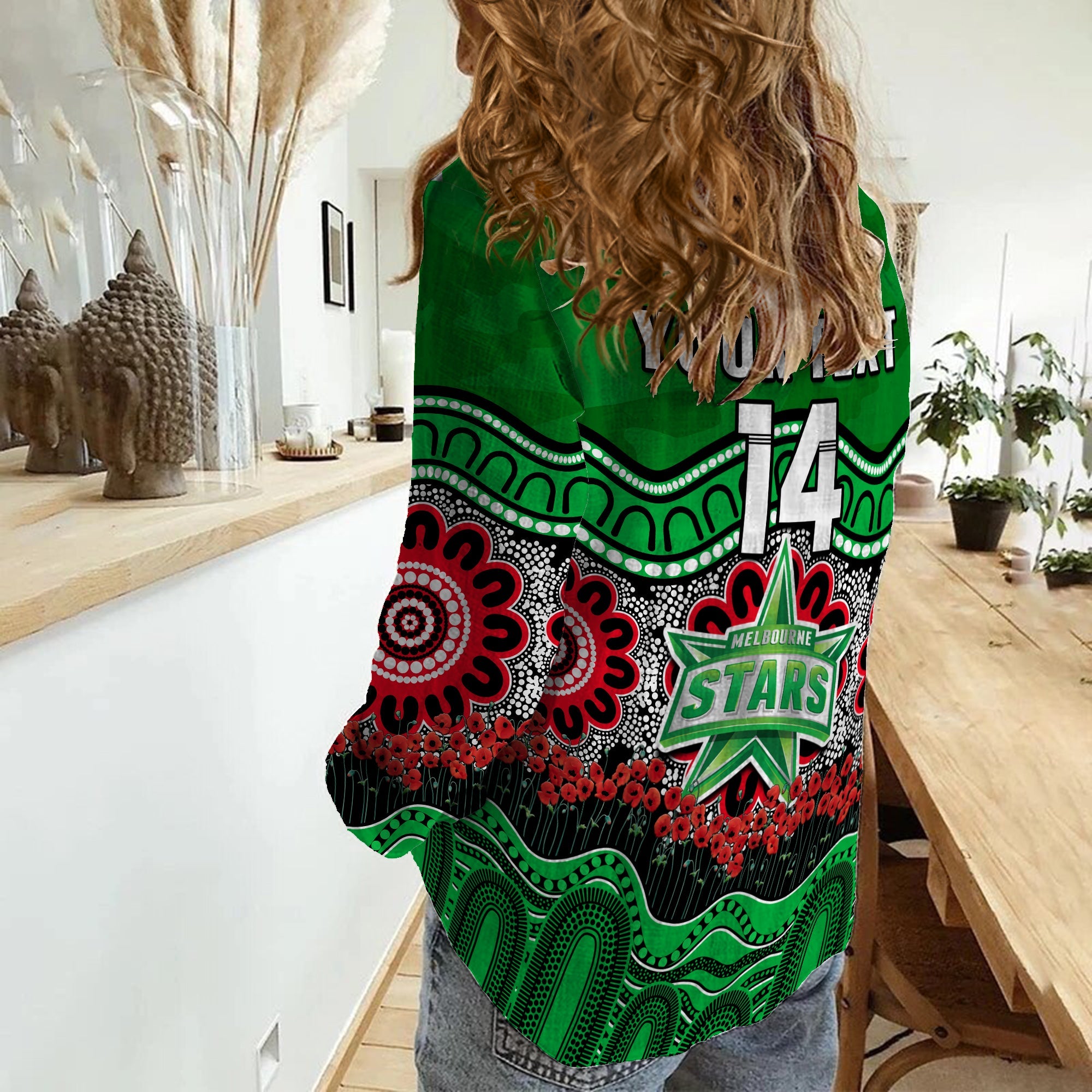 (Custom Text And Number) Stars Cricket ANZAC Women Casual Shirt Melbourne Poppy Aboriginal Camouflage - Vibe Hoodie Shop