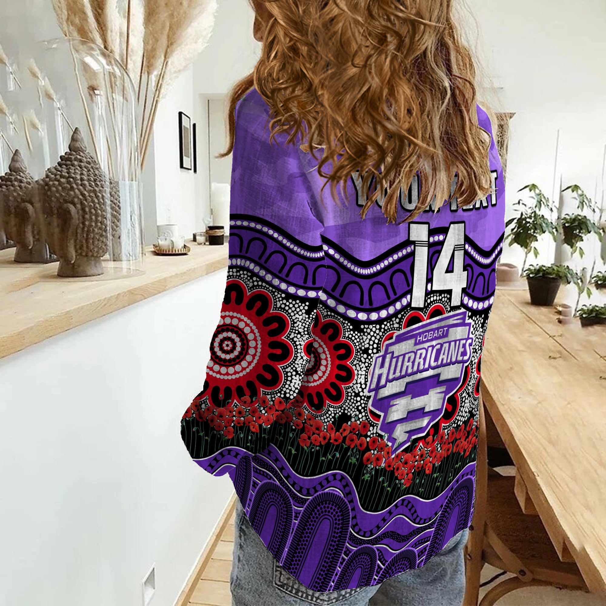 (Custom Text And Number) Hurricanes Cricket ANZAC Women Casual Shirt Hobart Poppy Aboriginal Camouflage - Vibe Hoodie Shop