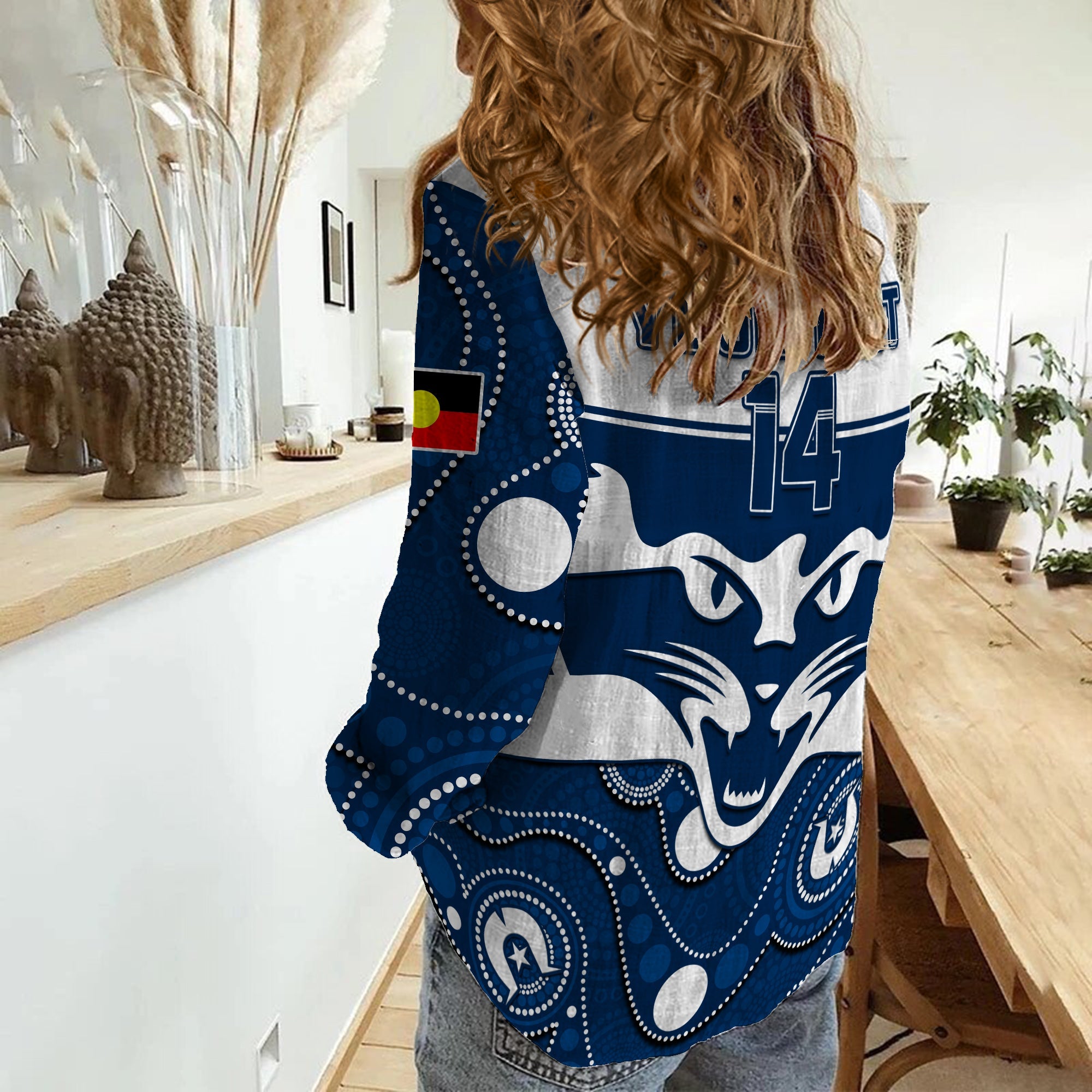 (Custom Text And Number) Geelong Football NAIDOC 2023 Women Casual Shirt Cats For Our Elders Indigenous Art - Vibe Hoodie Shop