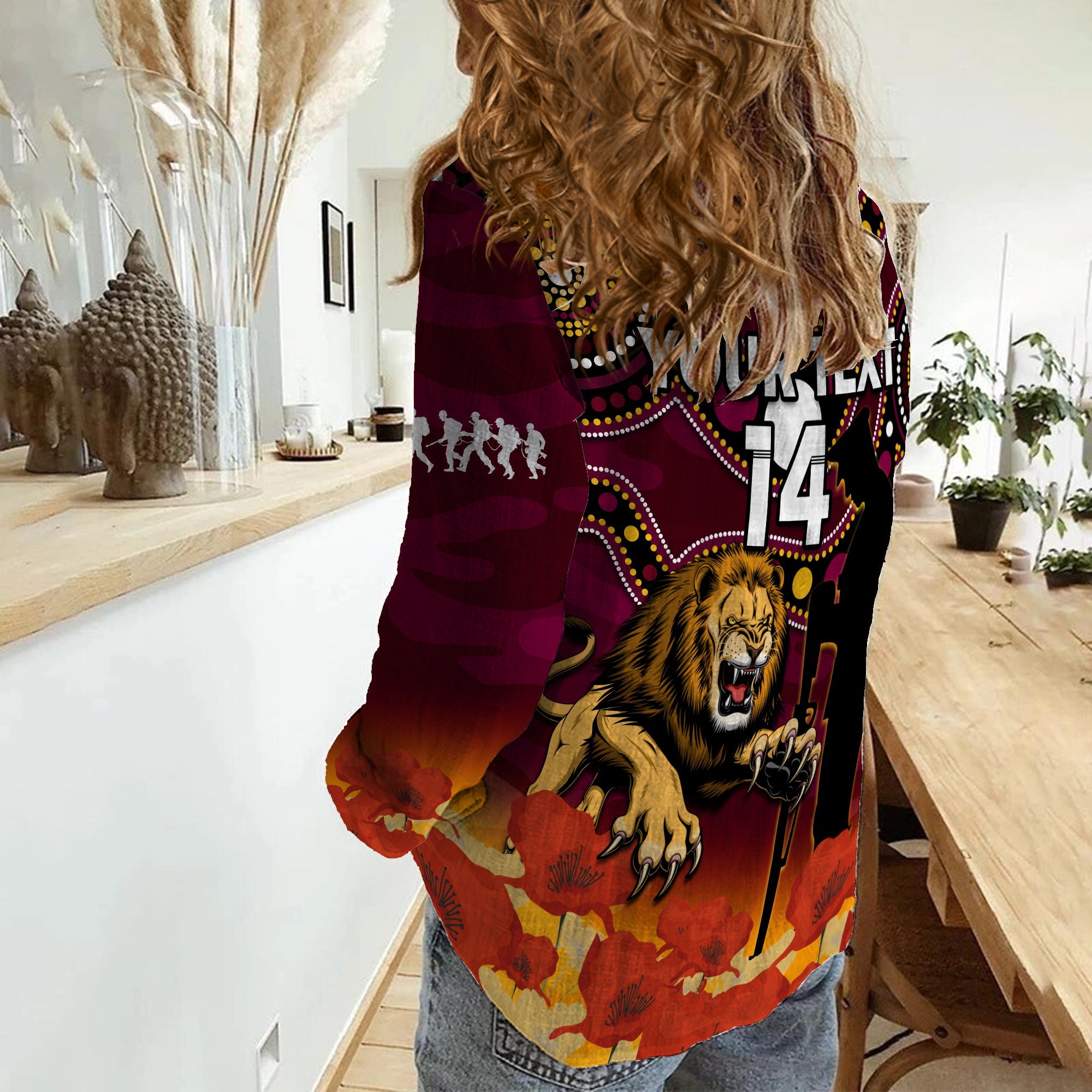 (Custom Text And Number) Brisbane Lions Football ANZAC 2023 Women Casual Shirt Aboriginal Mix Poppy Camouflage - Vibe Hoodie Shop