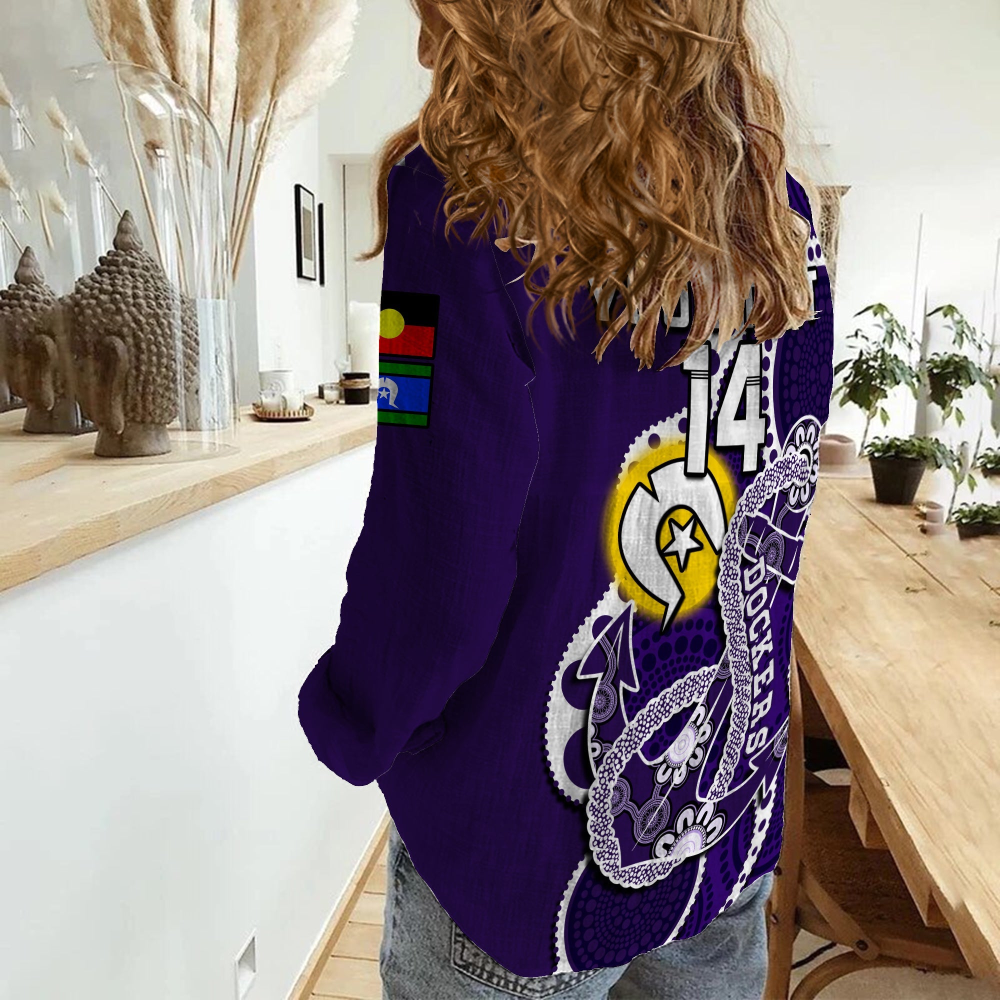 (Custom Text And Number) Fremantle Football NAIDOC 2023 Women Casual Shirt Dockers For Our Elders Indigenous Art - Vibe Hoodie Shop