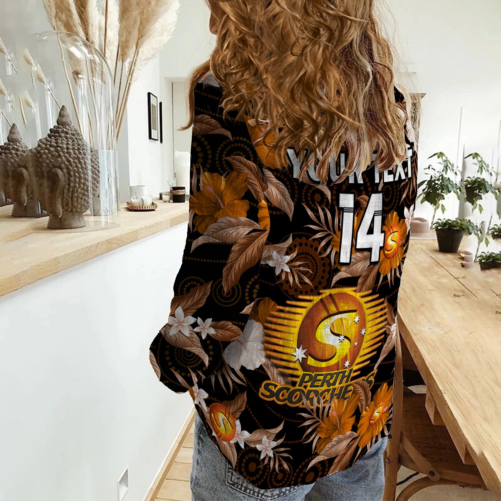 (Custom Text And Number) Perth Scorchers Cricket Women Casual Shirt Aboriginal Art Mix Tropical Flowers - Vibe Hoodie Shop