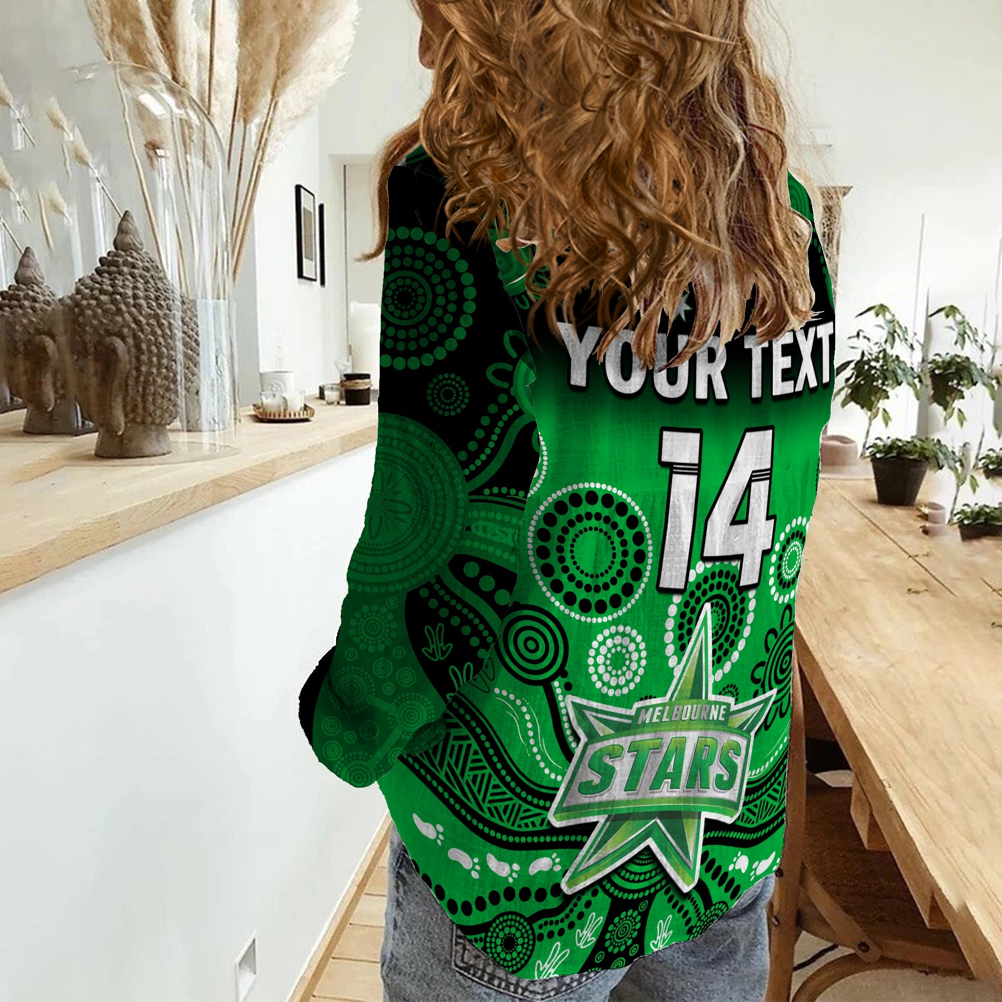 (Custom Text And Number) Stars Cricket Women Casual Shirt Melbourne Team Green Gradient Aboriginal Art - Vibe Hoodie Shop