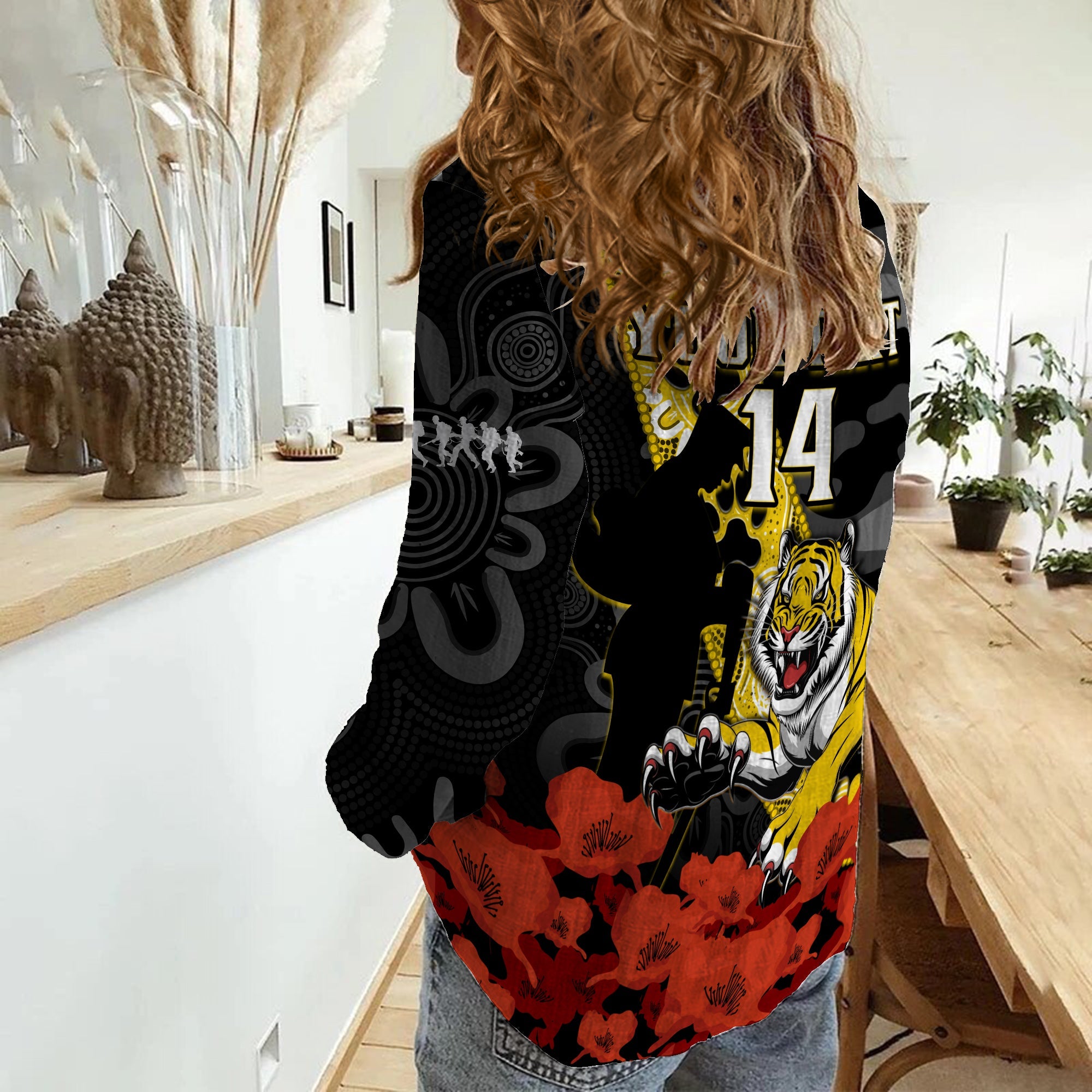 (Custom Text And Number) Richmond Football ANZAC 2023 Women Casual Shirt Tigers Aboriginal Mix Poppy Camouflage - Vibe Hoodie Shop