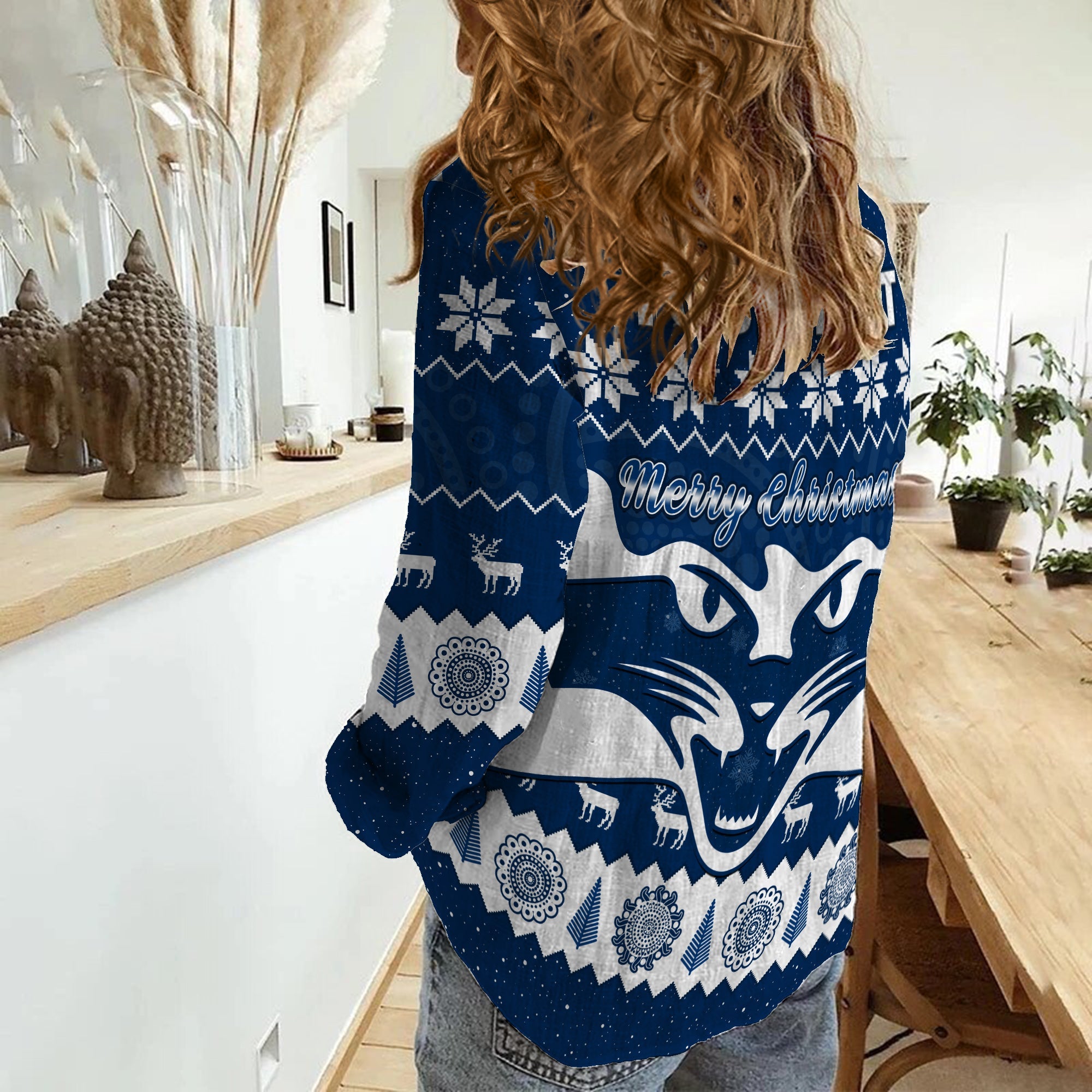 (Custom Personalised) Cats Football Christmas Women Casual Shirt Geelong Aboriginal Painting - Vibe Hoodie Shop