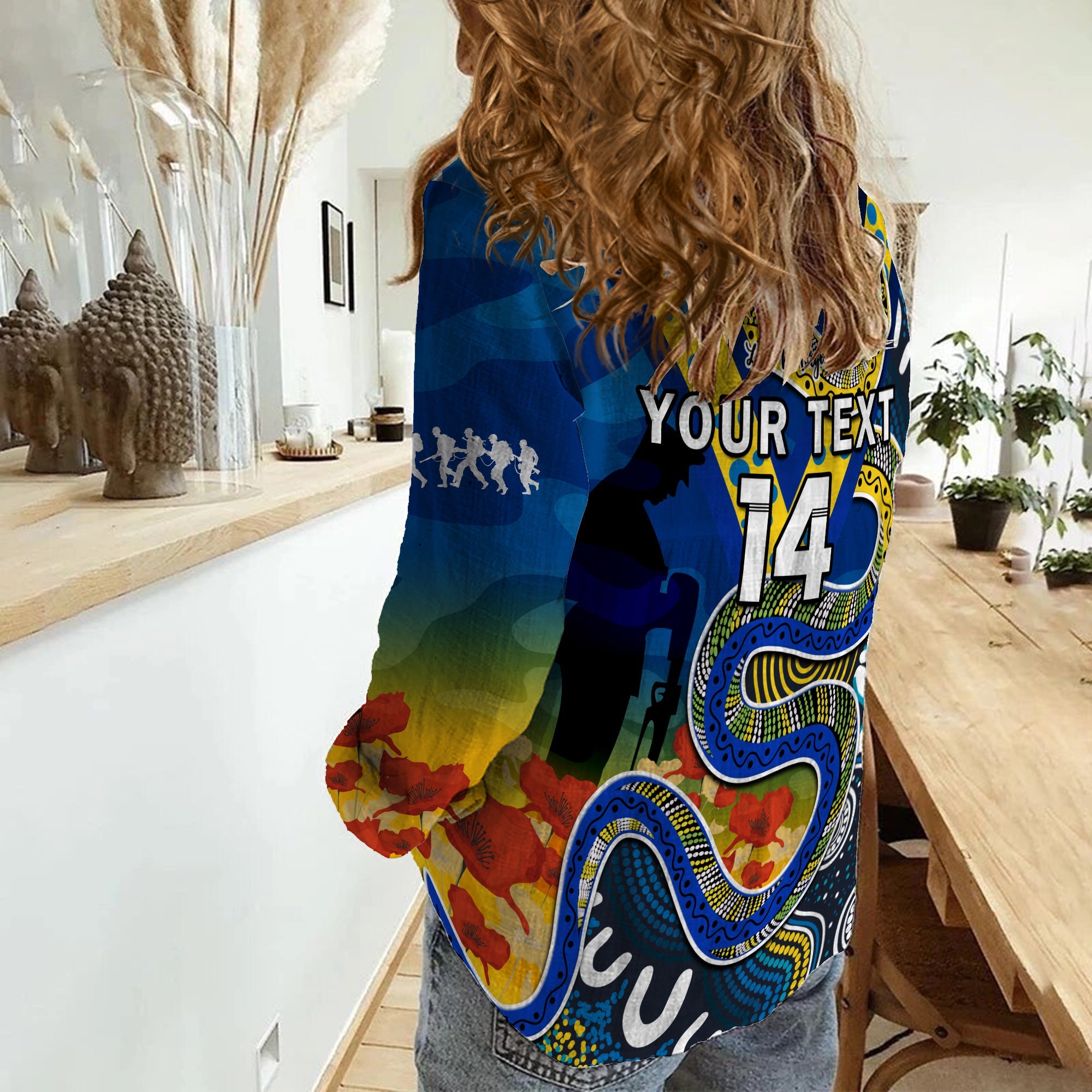 (Custom Text And Number) Eels Rugby ANZAC 2023 Women Casual Shirt Aboriginal Mix Poppy Lest We Forget - Vibe Hoodie Shop