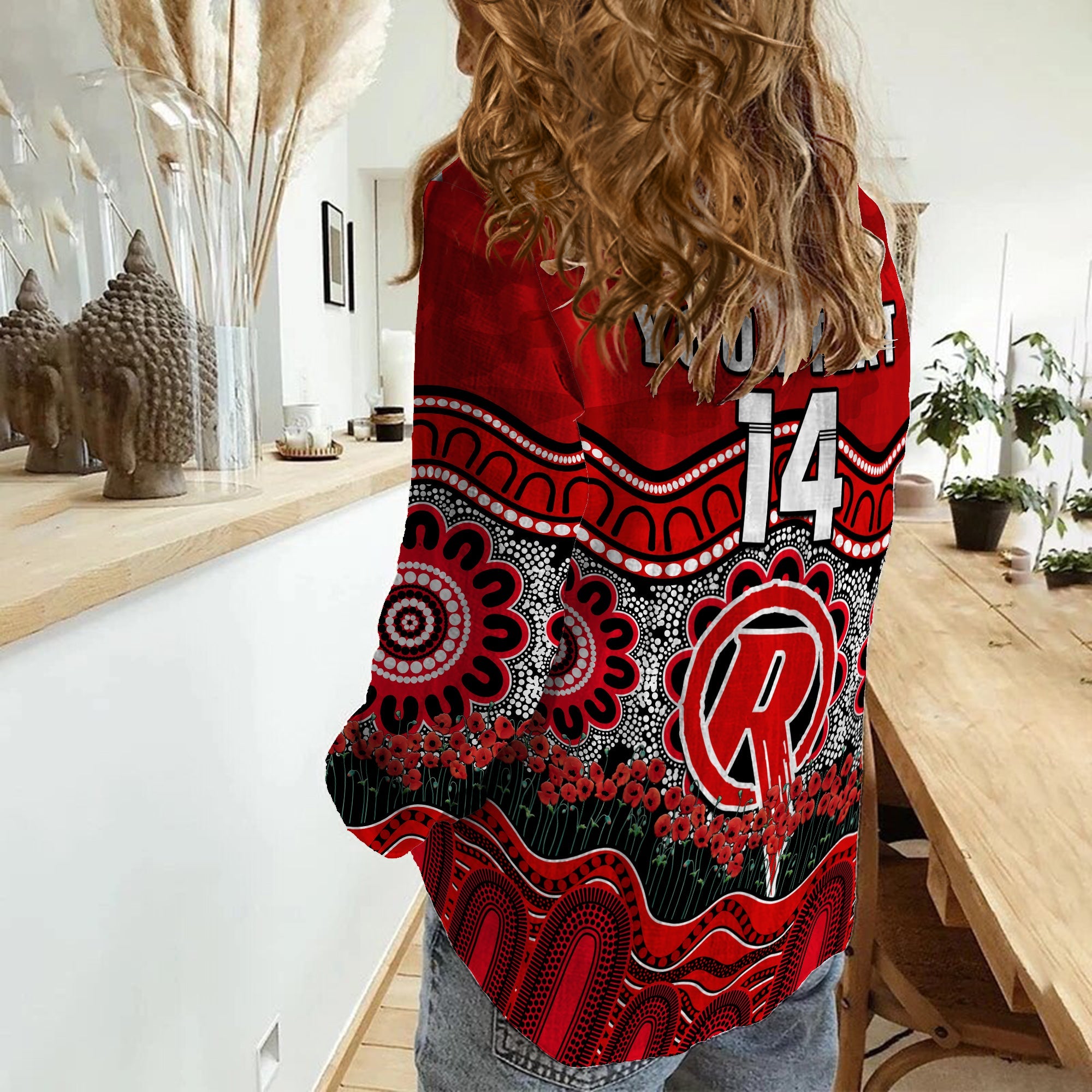 (Custom Text And Number) Renegades Cricket ANZAC Women Casual Shirt Melbourne Poppy Aboriginal Camouflage - Vibe Hoodie Shop