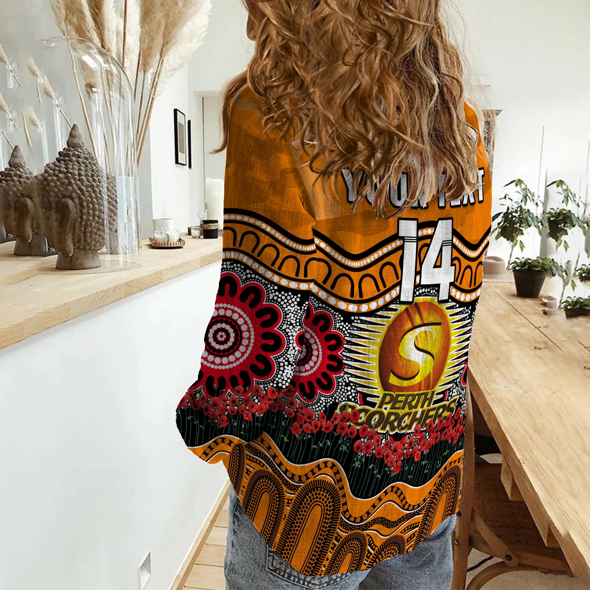 (Custom Text And Number) Perth Scorchers Cricket ANZAC Women Casual Shirt Poppy Aboriginal Camouflage - Vibe Hoodie Shop