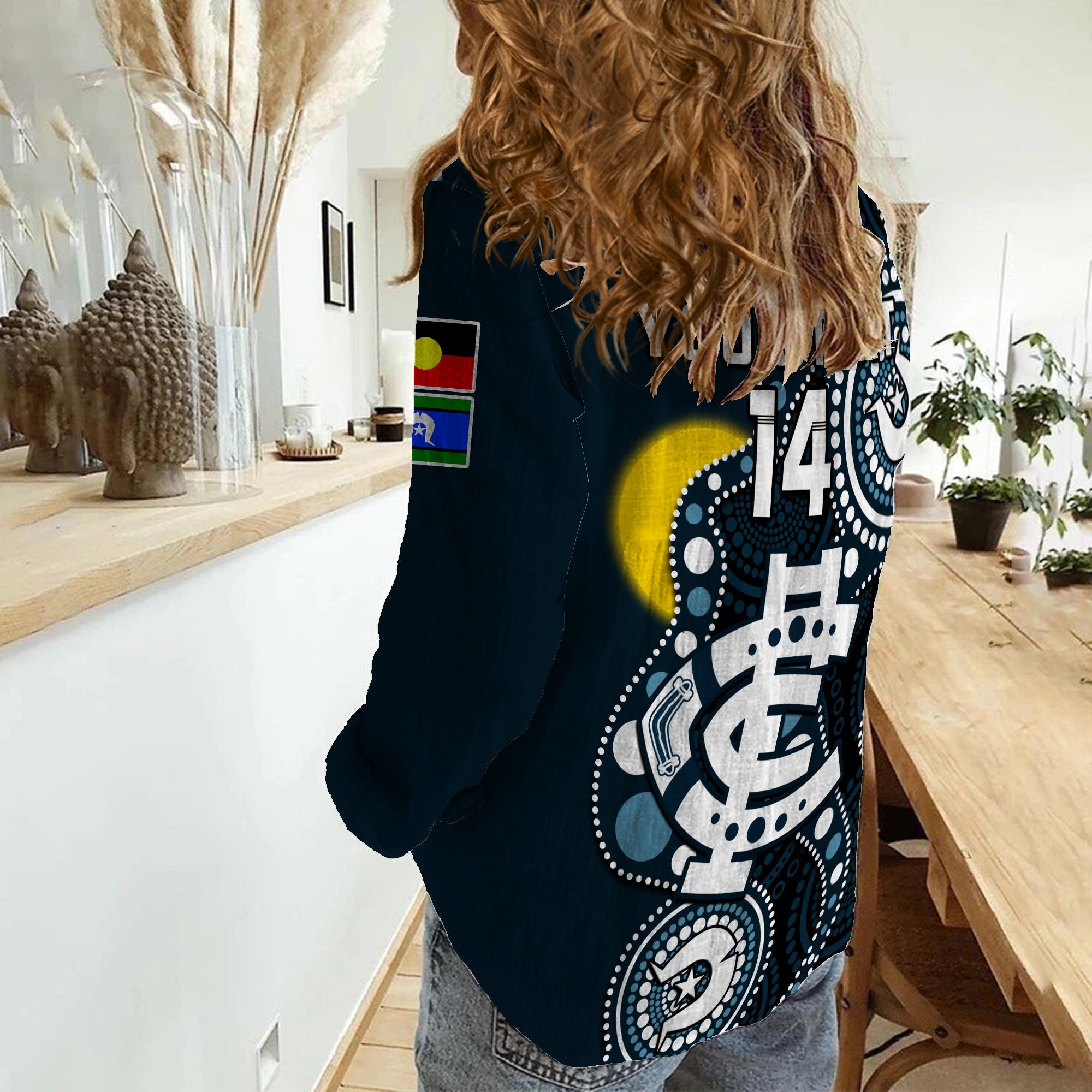 (Custom Text And Number) Carlton Football NAIDOC 2023 Women Casual Shirt Blues For Our Elders Indigenous Art - Vibe Hoodie Shop