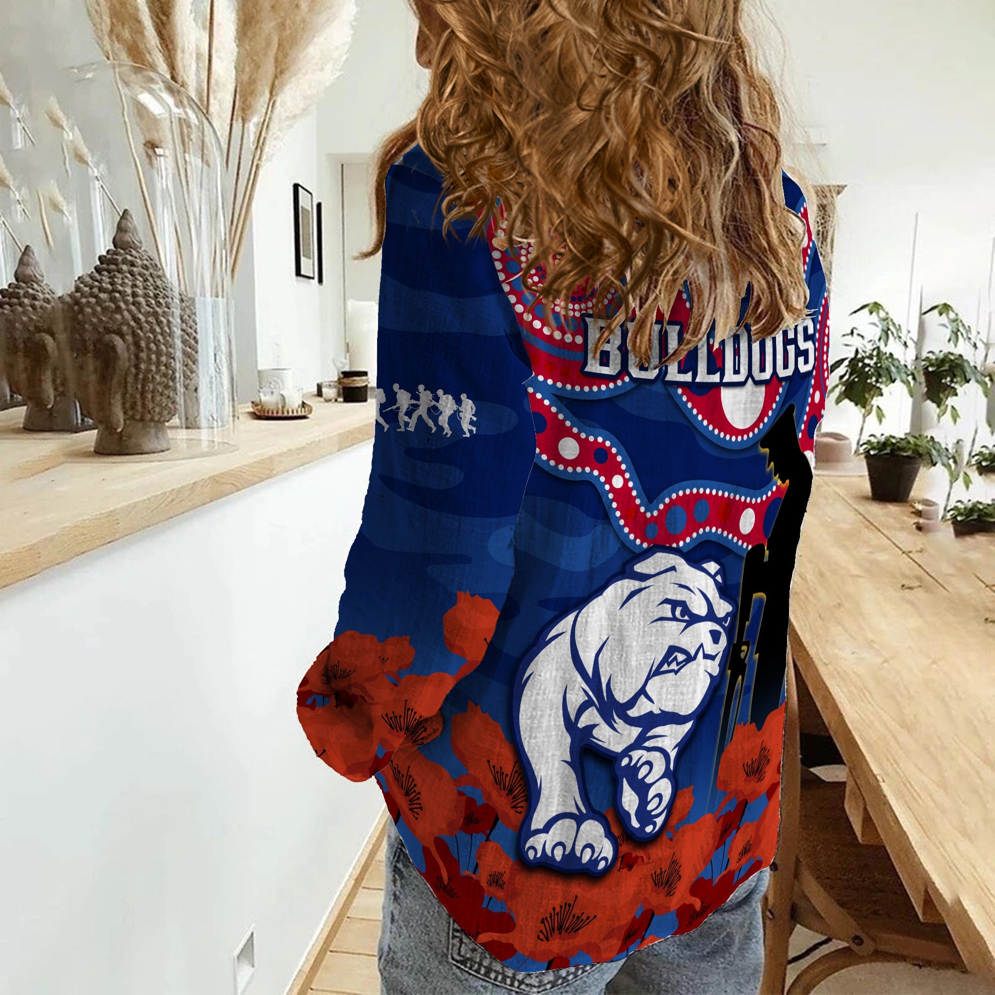 Western Bulldogs Football ANZAC 2023 Women Casual Shirt Doggies Aboriginal Mix Poppy Camouflage - Vibe Hoodie Shop