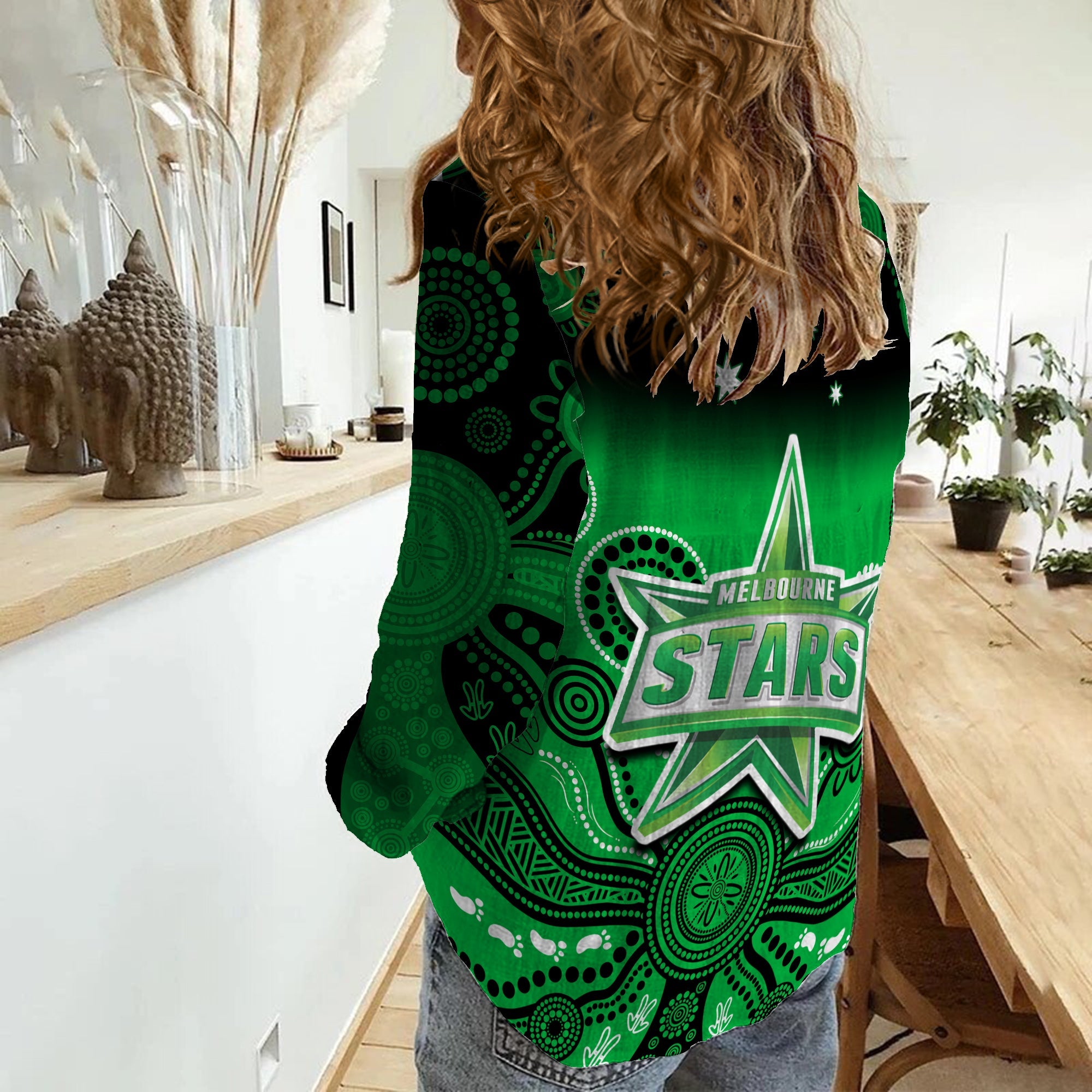 Stars Cricket Women Casual Shirt Melbourne Team Green Gradient Aboriginal Art - Vibe Hoodie Shop