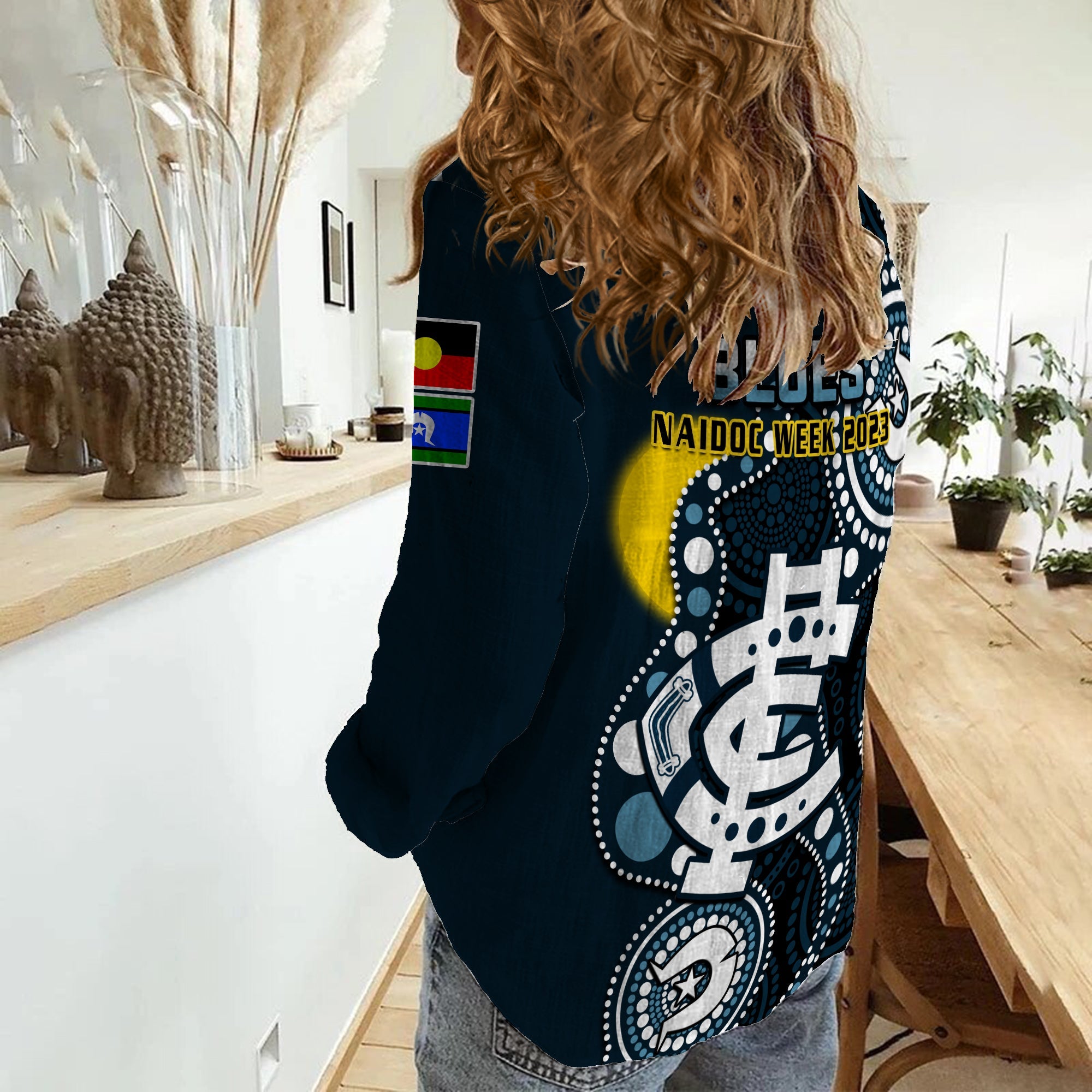 Carlton Football NAIDOC 2023 Women Casual Shirt Blues For Our Elders Indigenous Art - Vibe Hoodie Shop
