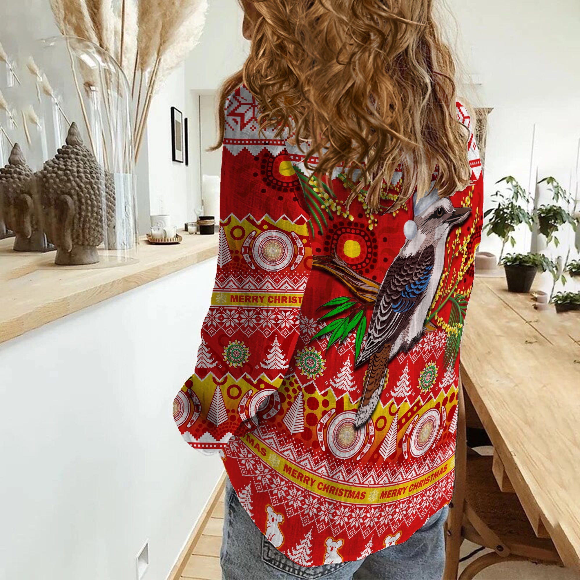 Australia Women Casual Shirt Kookaburra Mix Golden Wattle Aboriginal Art Merry Christmas - Vibe Hoodie Shop