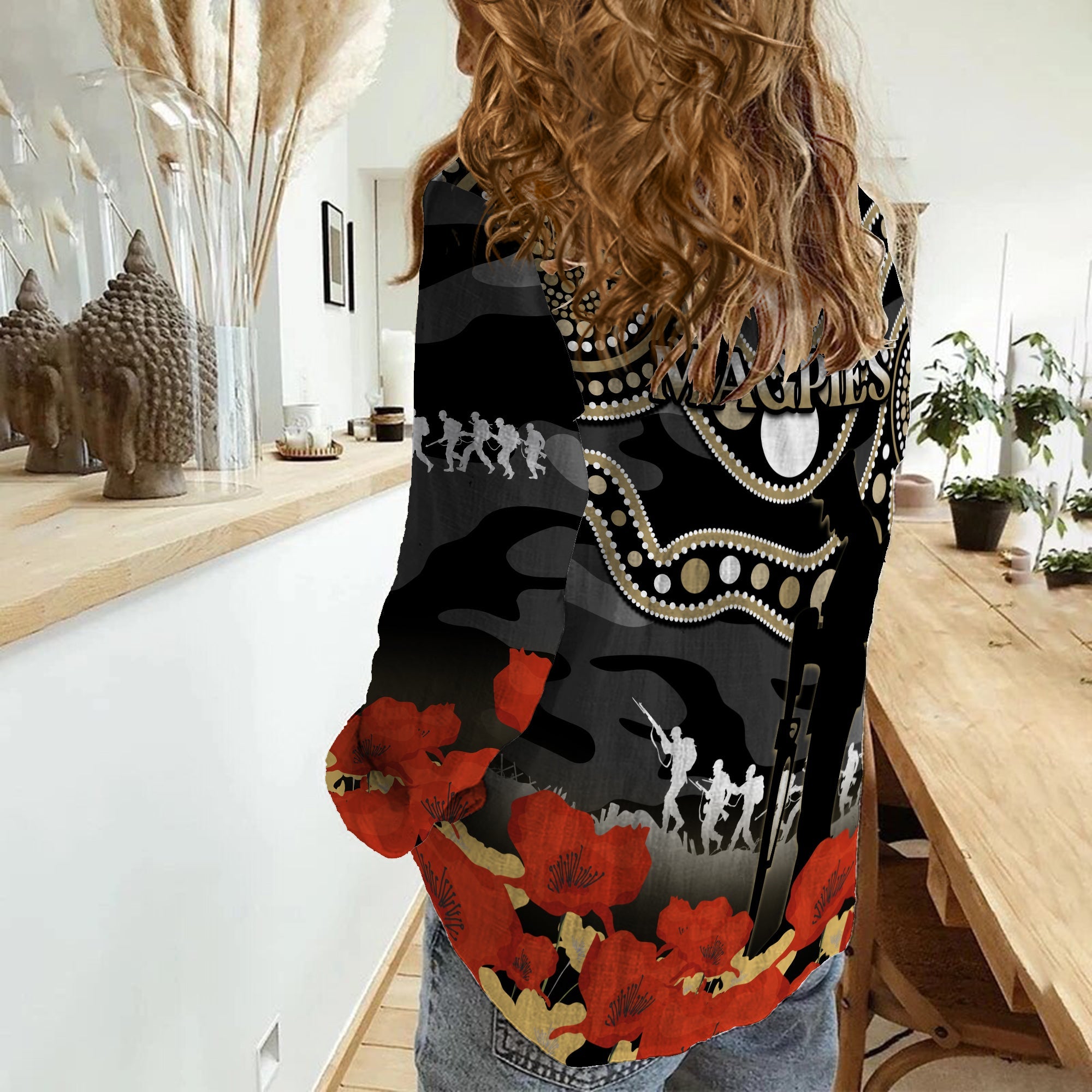 Collingwood Football ANZAC 2023 Women Casual Shirt Aboriginal Mix Poppy Camouflage - Vibe Hoodie Shop