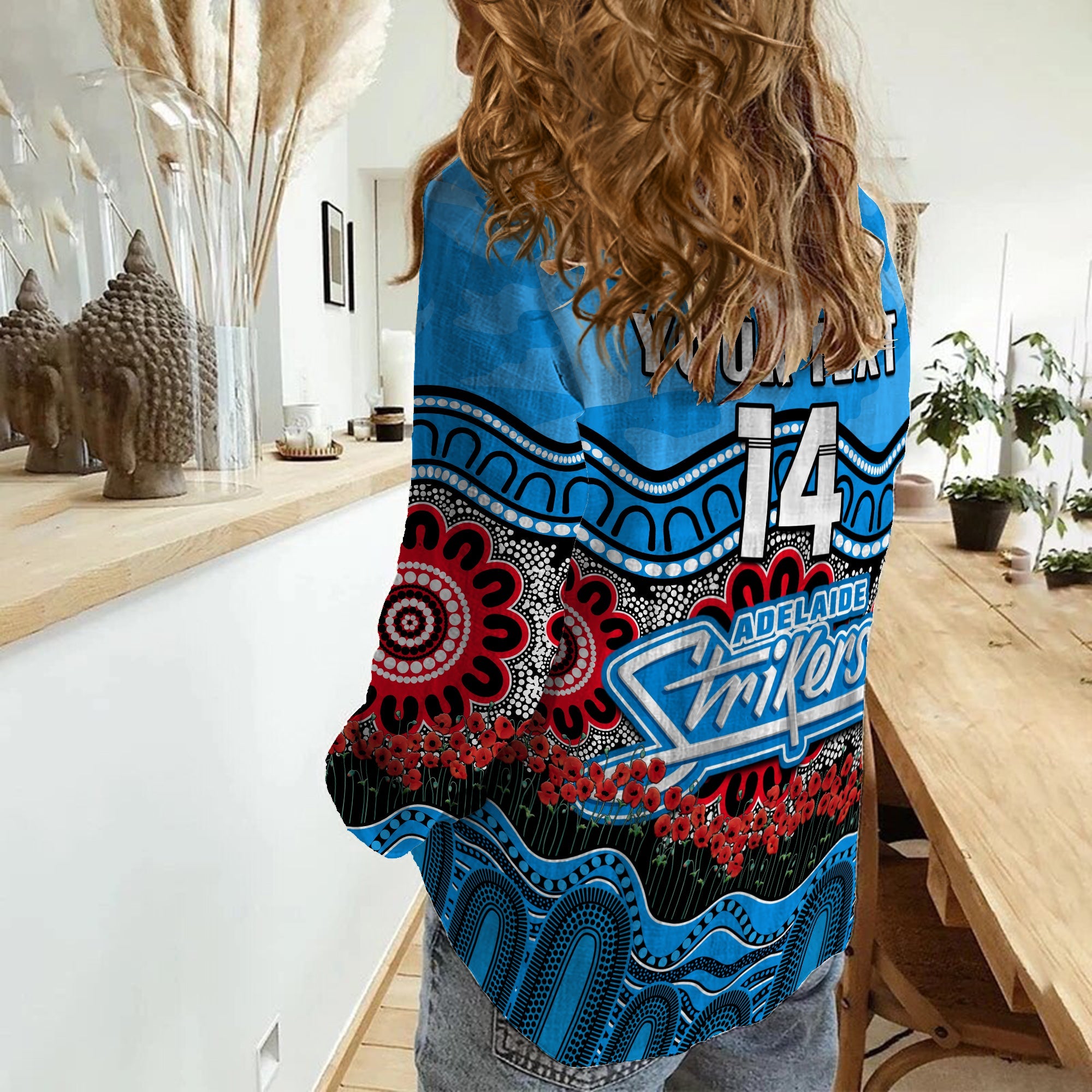 (Custom Text And Number) Adelaide Strikers Cricket ANZAC Women Casual Shirt Poppy Aboriginal Camouflage - Vibe Hoodie Shop