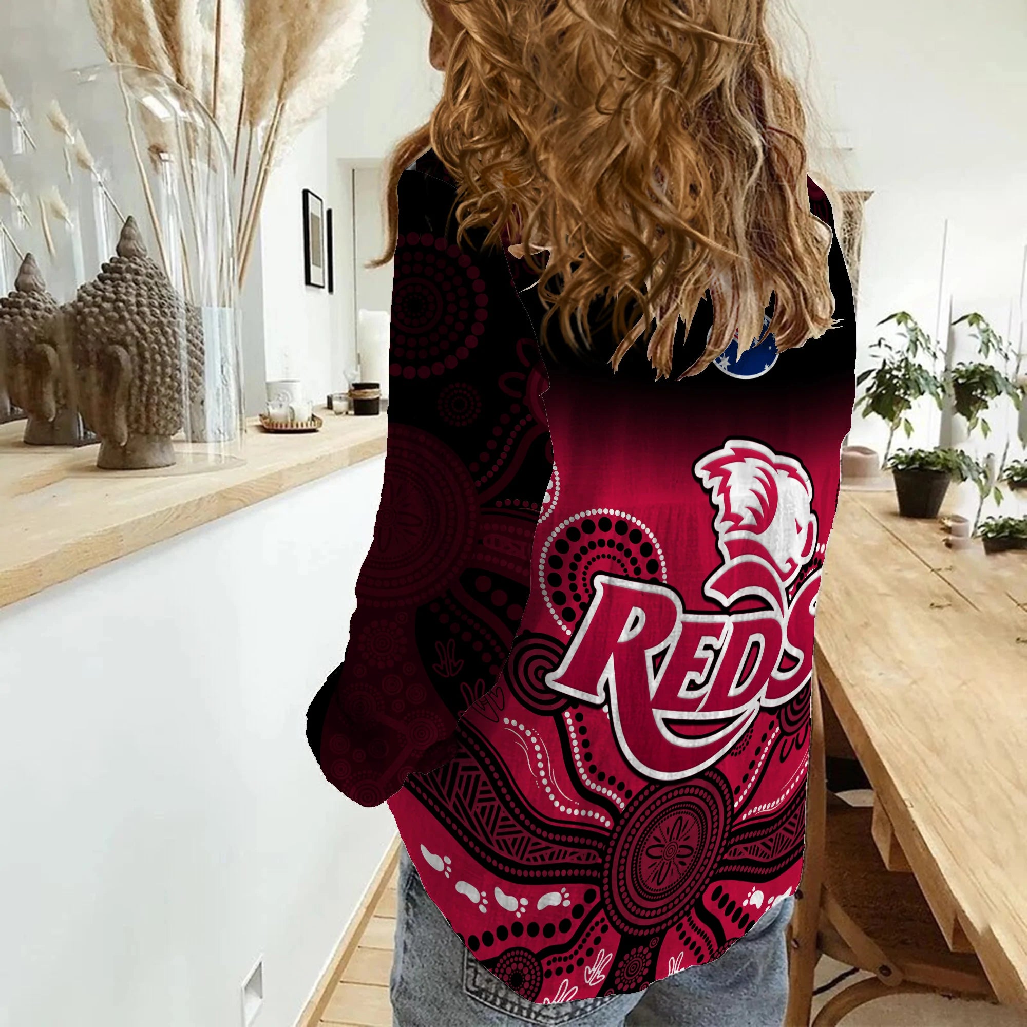 Queensland Reds Rugby Women Casual Shirt Gradient Aboriginal - Vibe Hoodie Shop