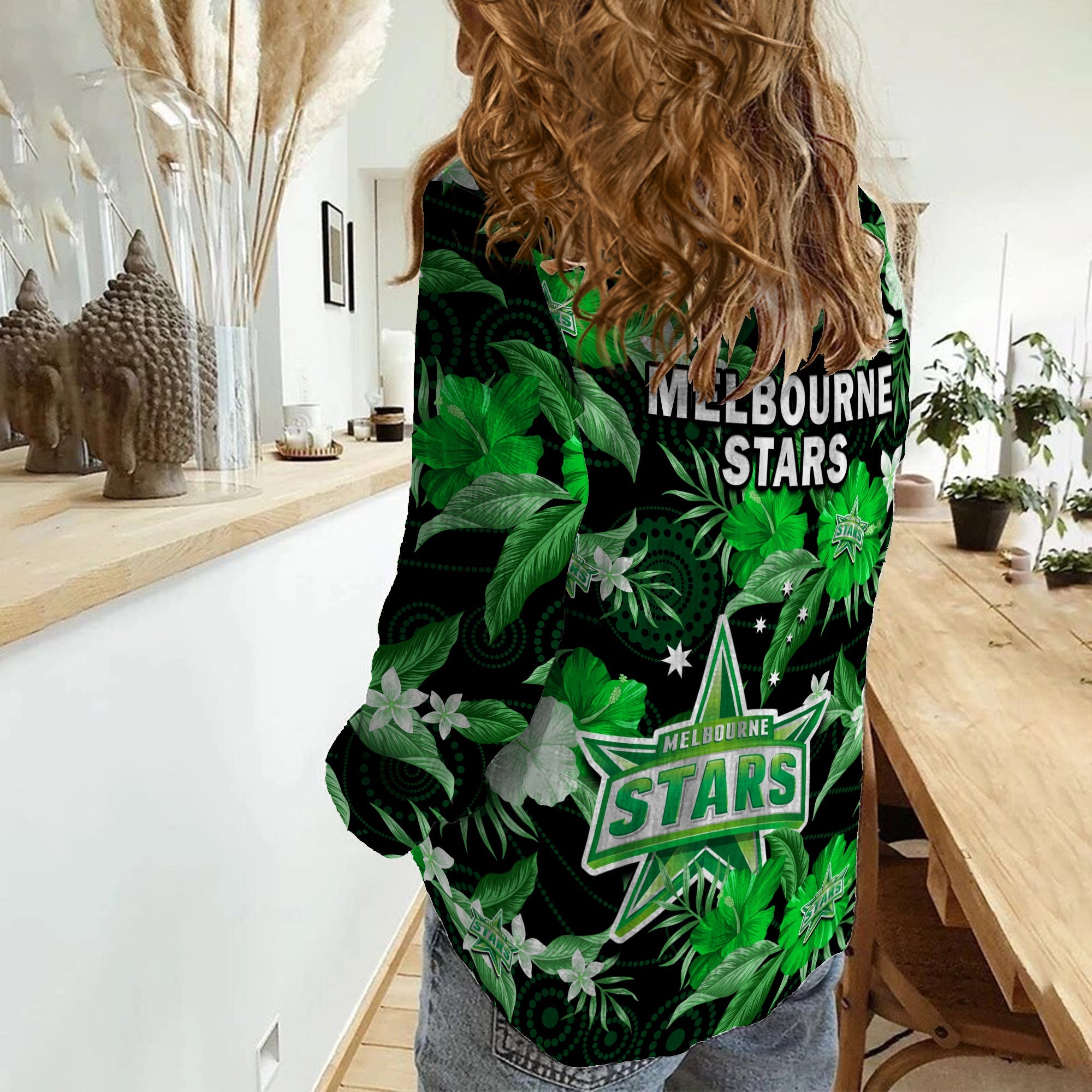 Melbourne Stars Cricket Women Casual Shirt Aboriginal Art Mix Tropical Flowers - Vibe Hoodie Shop
