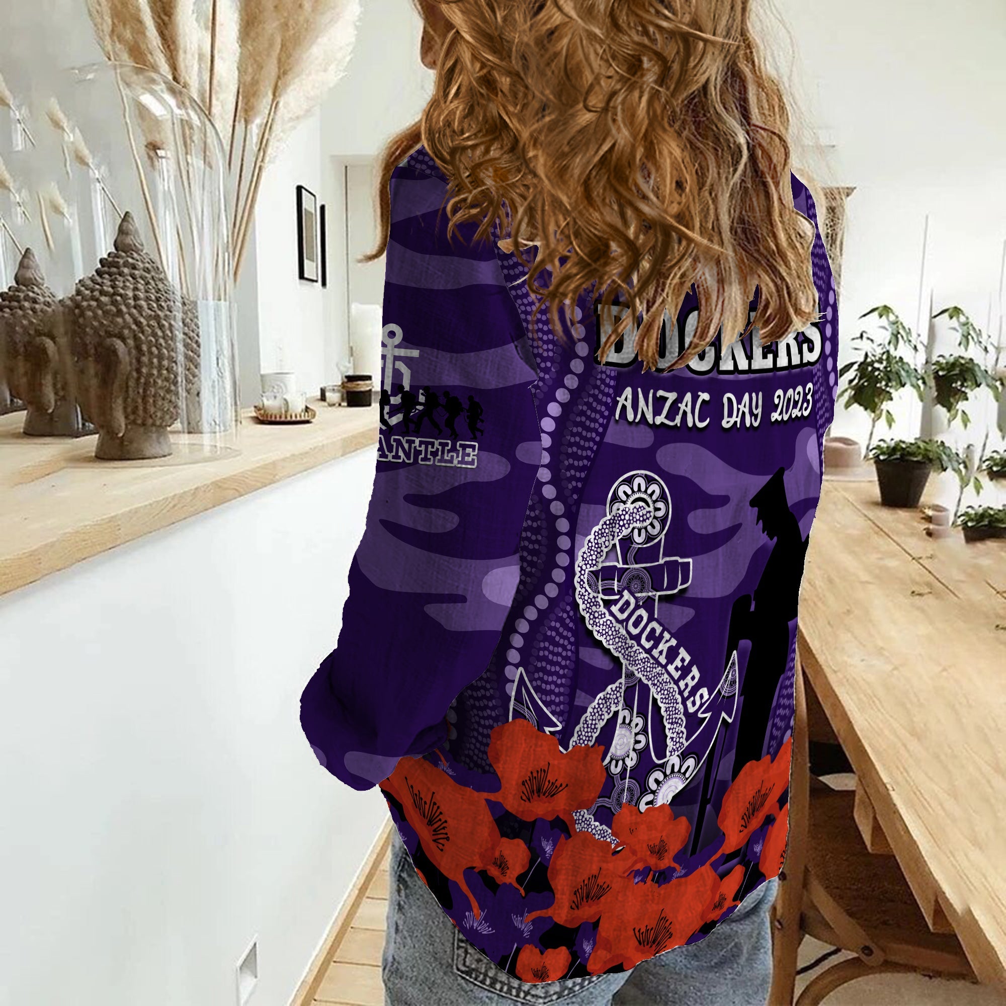 Dockers Football ANZAC 2023 Women Casual Shirt Aboriginal Mix Poppy Camouflage - Vibe Hoodie Shop