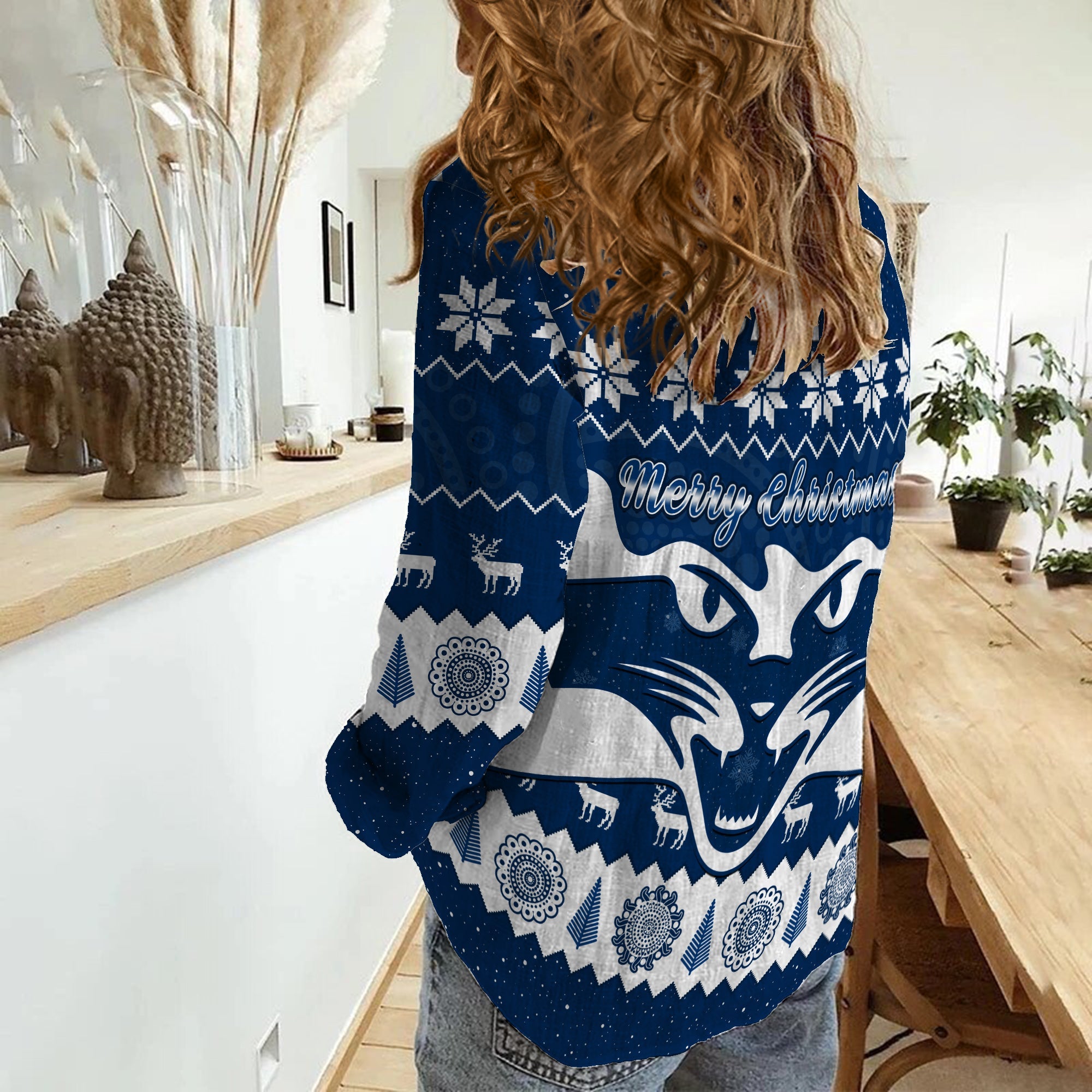 Cats Football Christmas Women Casual Shirt Geelong Aboriginal Painting - Vibe Hoodie Shop