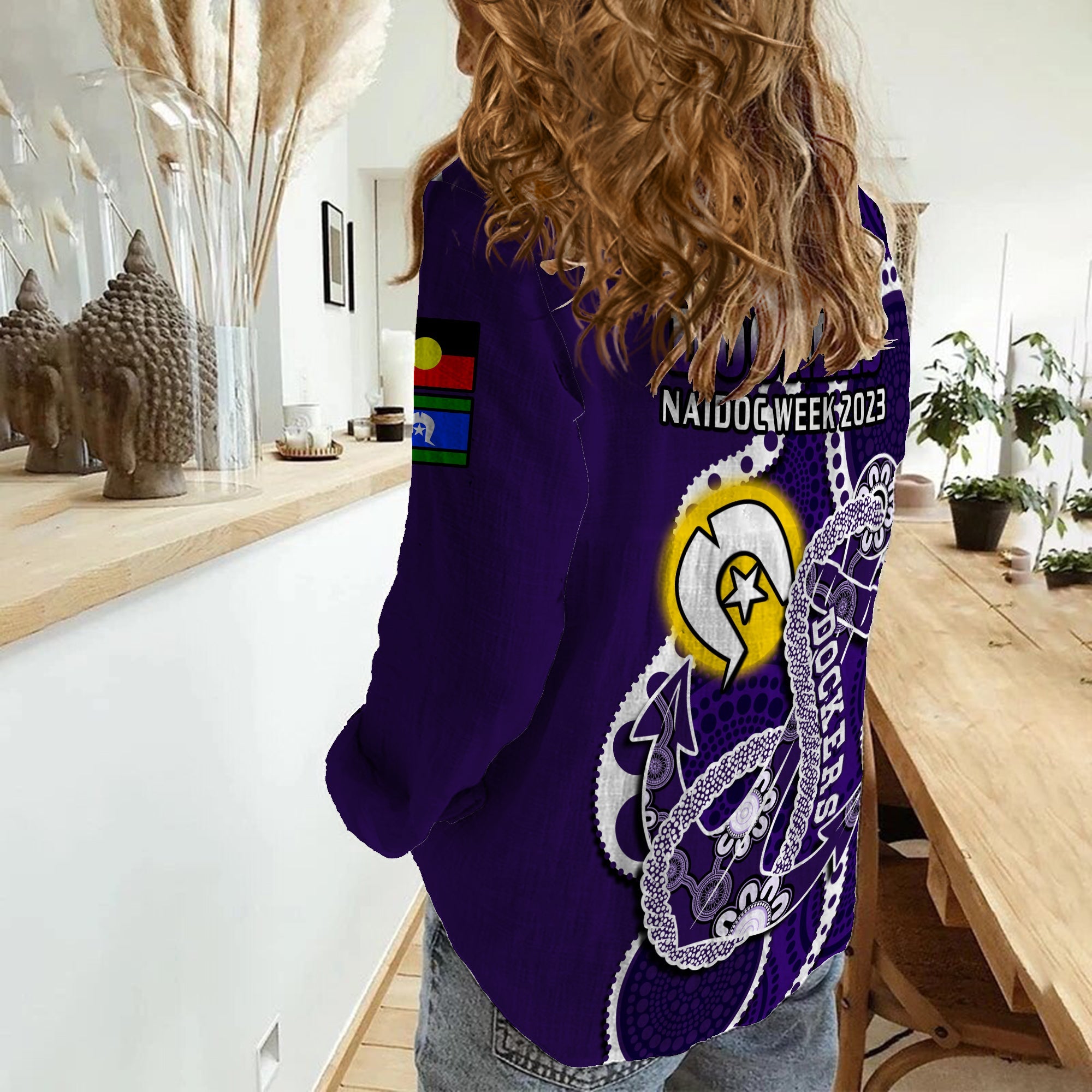 Fremantle Football NAIDOC 2023 Women Casual Shirt Dockers For Our Elders Indigenous Art - Vibe Hoodie Shop