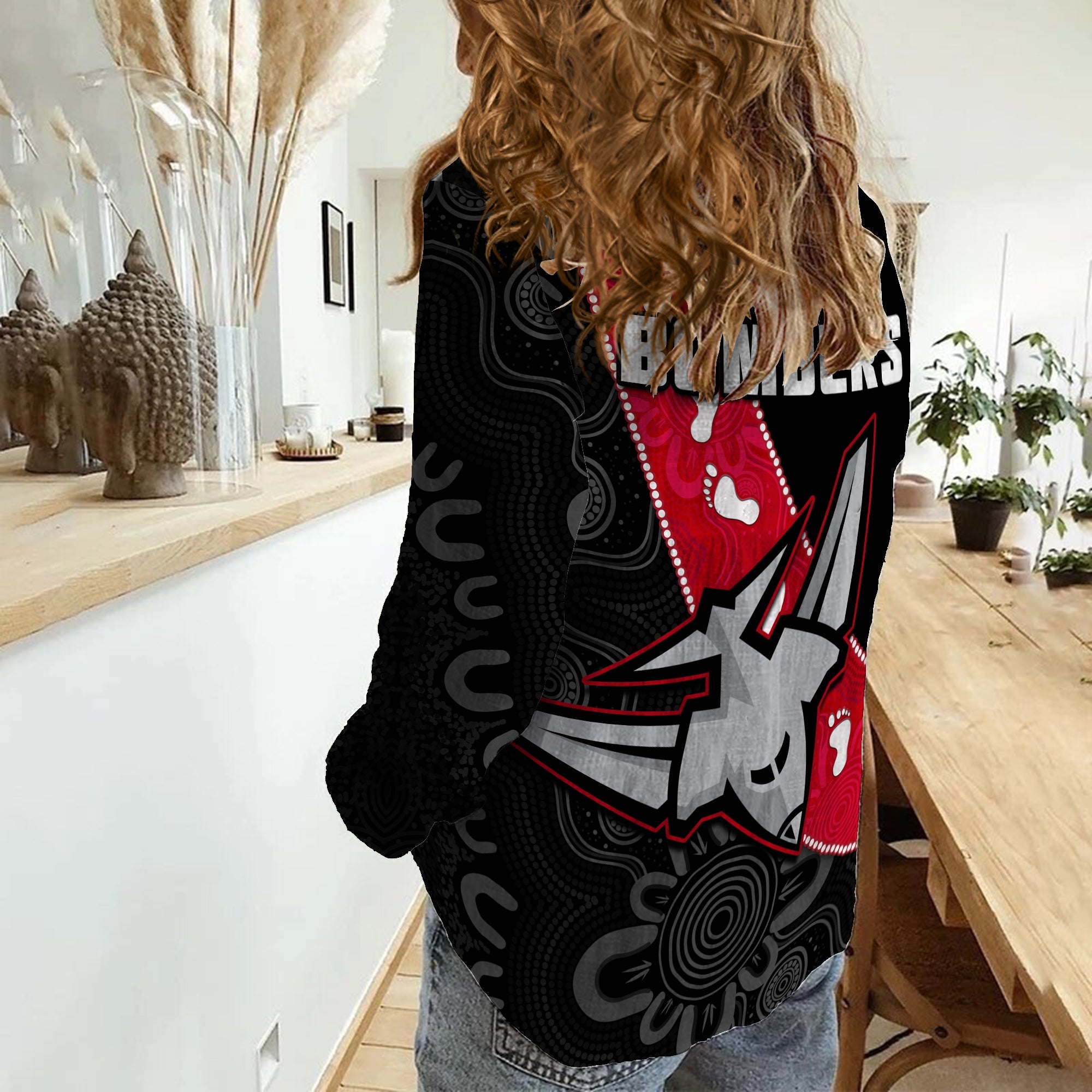 Essendon Football Women Casual Shirt Go Bombers 1872 Aboriginal Art - Vibe Hoodie Shop