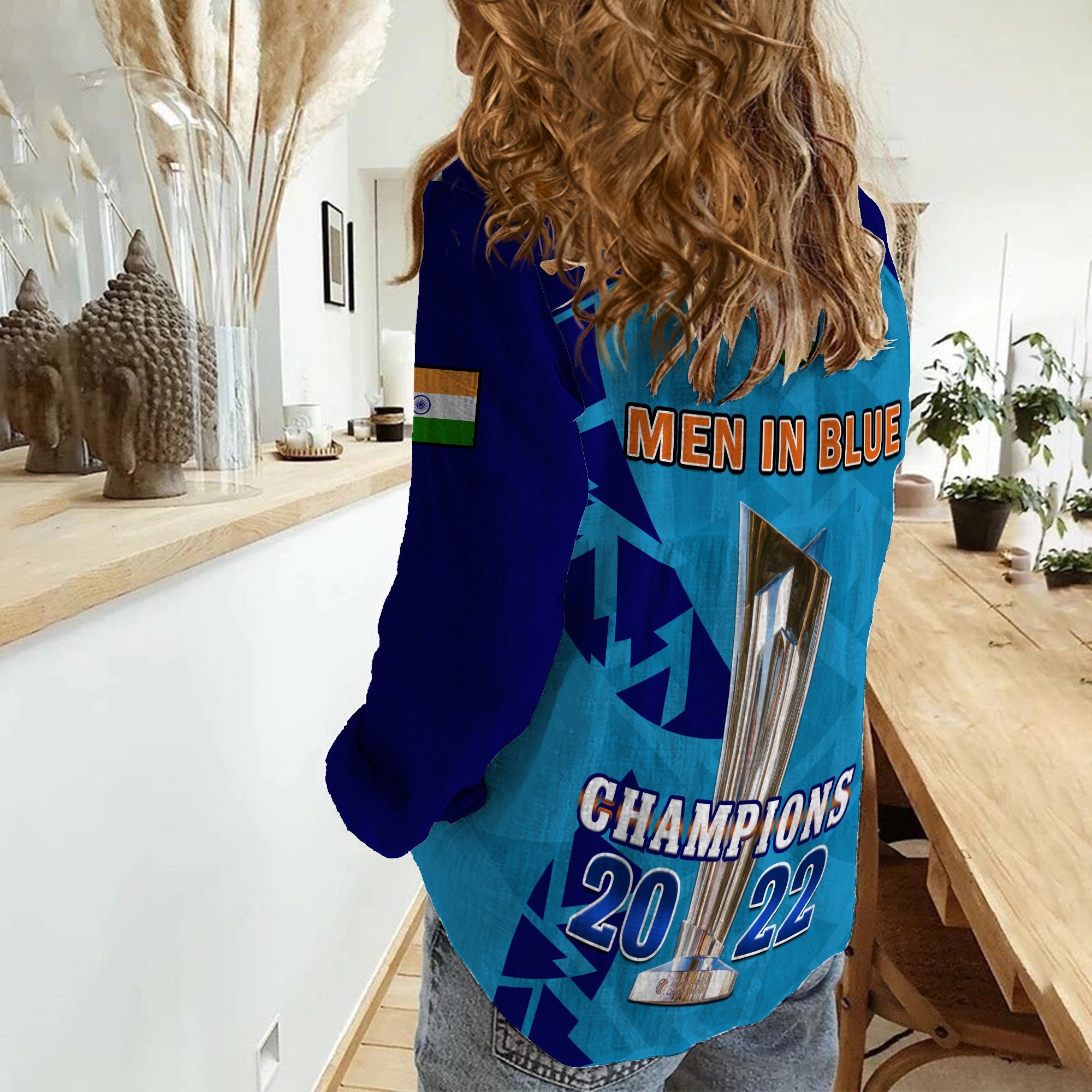India Cricket Women Casual Shirt Men In Blue Champions Mens T20 WC 2022 - Vibe Hoodie Shop
